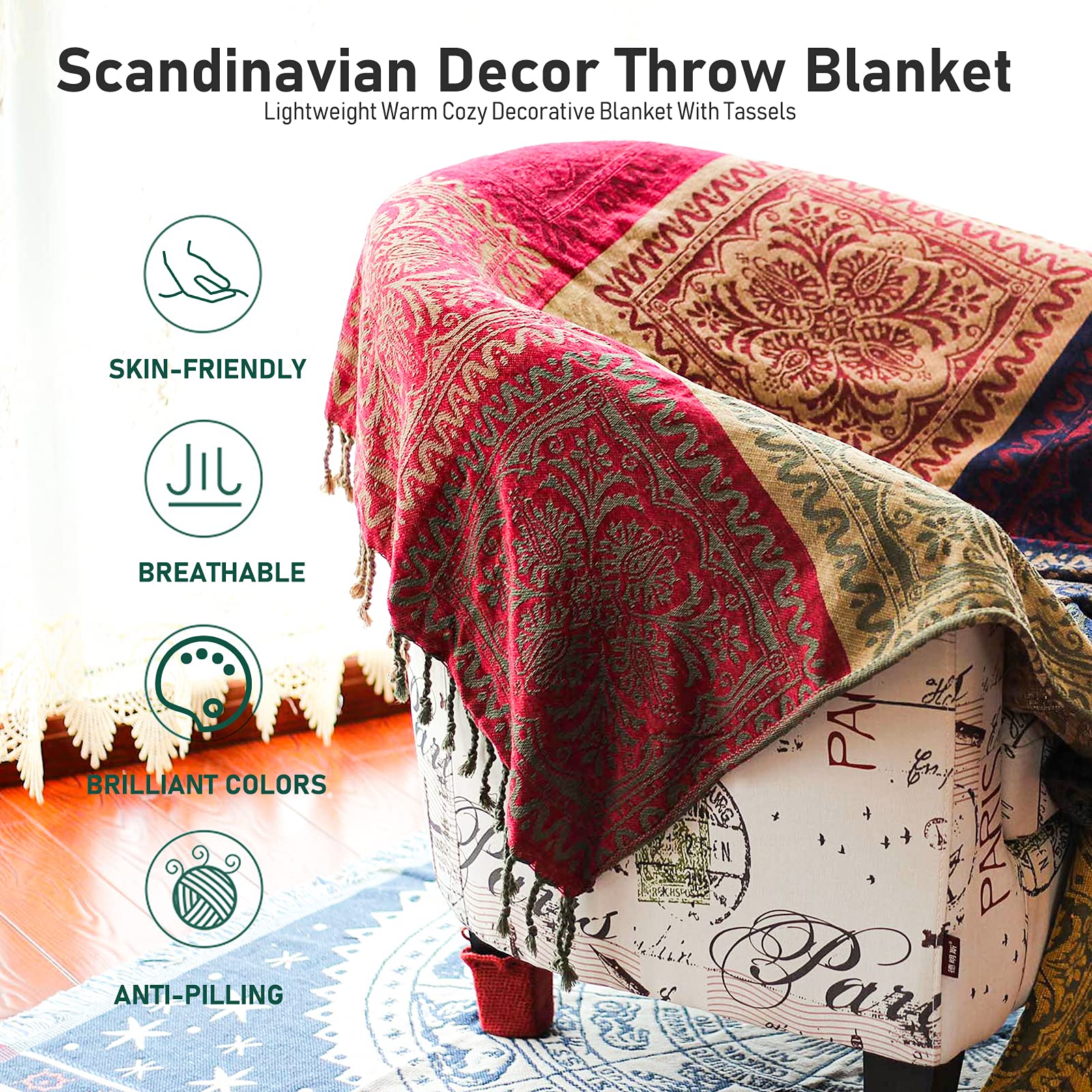 Bohemian Woven Throw Blanket - Soft Chenille Striped Jacquard Blanket for Couch, Sofa & Bed, 60x75 Inches, Red Navy Tribal Design - Perfect for Cozy Home Decor, Living Room Accent & Boho Chic Style