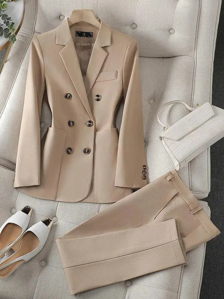 Elegant Double Breasted Women's Pant Suit Set - 2 Piece Professional Blazer & Pants with Pockets | Perfect for Office Wear, Business Meetings & Formal Events