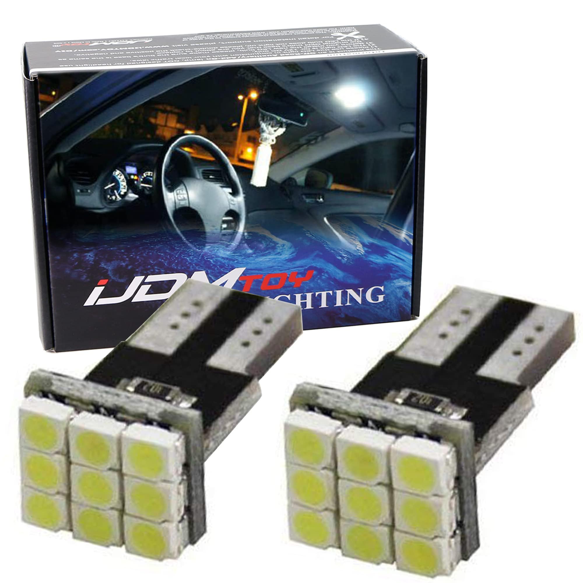 iJDMTOY 9-SMD LED Bulbs 168 194 2825 W5W T10 - Xenon White Replacement Bulbs for Car License Plate Lights, Parking Lights, Side Markers & Interior Dome Lights - Perfect for Night Driving & Vehicle Customization