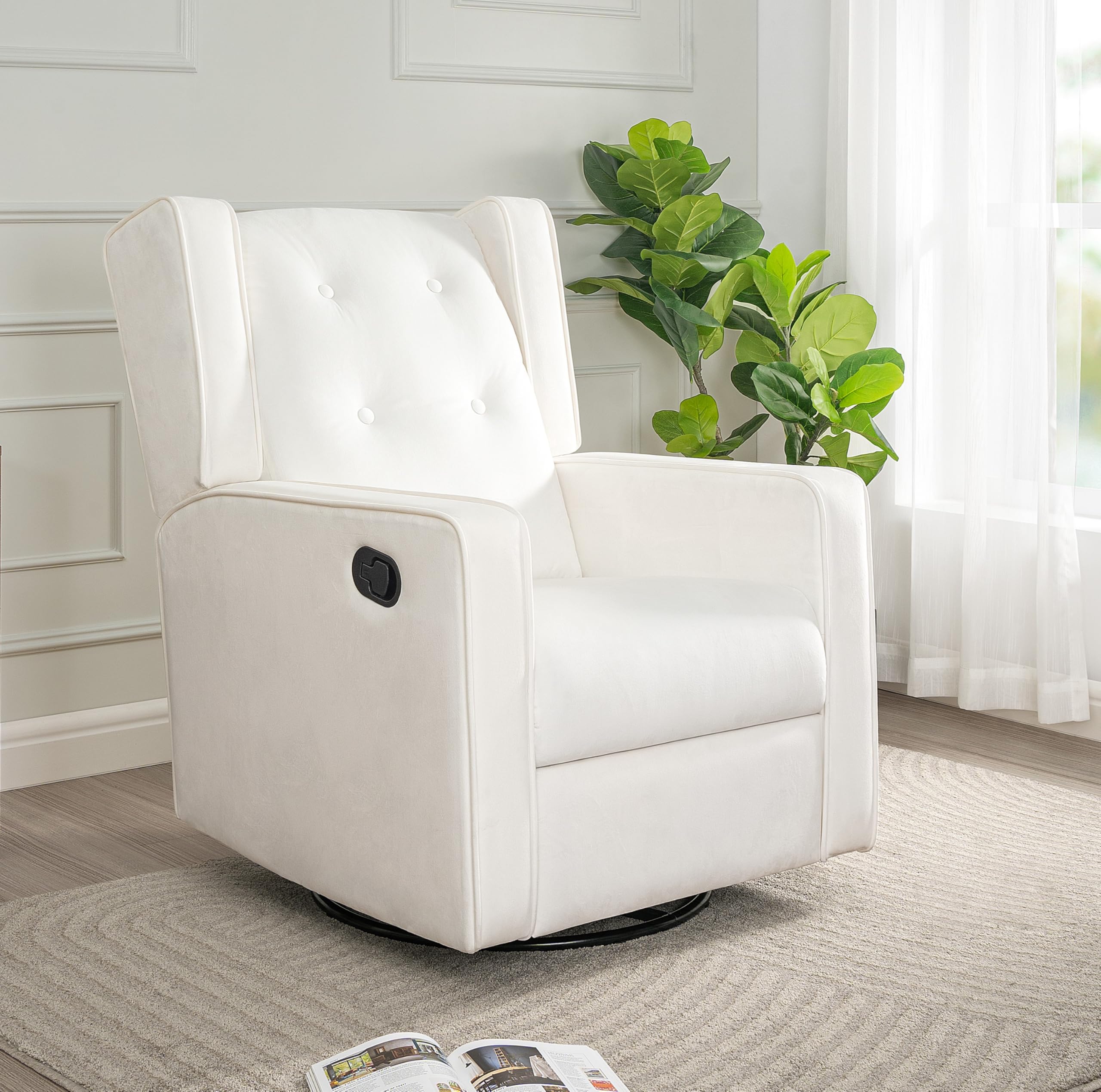 360° Swivel Nursery Glider Recliner - Soft Upholstered Rocking Chair for Breastfeeding, Nursing & Bonding with Baby | Ergonomic Maternity Chair with Adjustable Recline & Plush Cushions to Relieve Muscle Aches | Perfect for Nursery, Bedroom & Breastfeeding Rooms (Bright White)