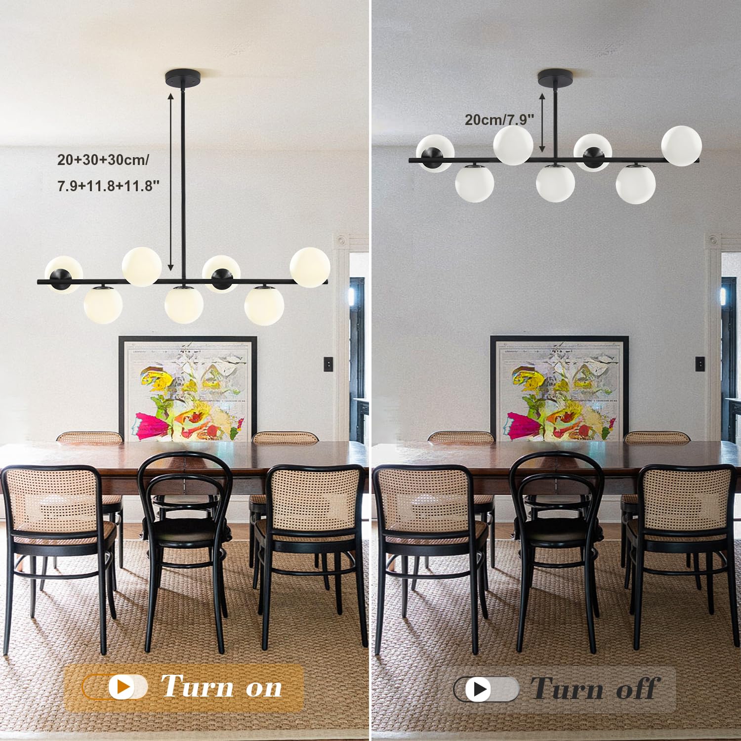7-Light Black Glass Globe Chandelier - Mid-Century Modern Adjustable Bubble Sputnik Pendant Light for Kitchen Island, Dining Room & Living Room Ceiling Lighting (Black)