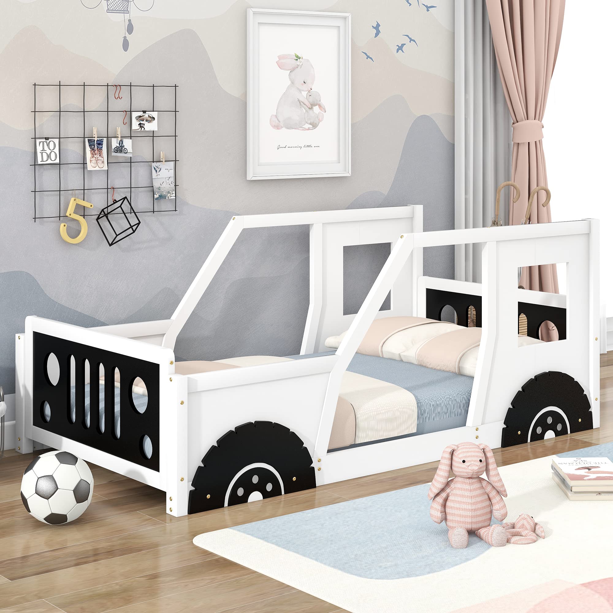Twin Size Kids Car-Shaped Bed with Wheels - Wooden Montessori Floor Bed for Boys & Girls - Lightning McQueen Themed (White & Black) - Perfect for Toddler Rooms, Playrooms & Montessori Classrooms