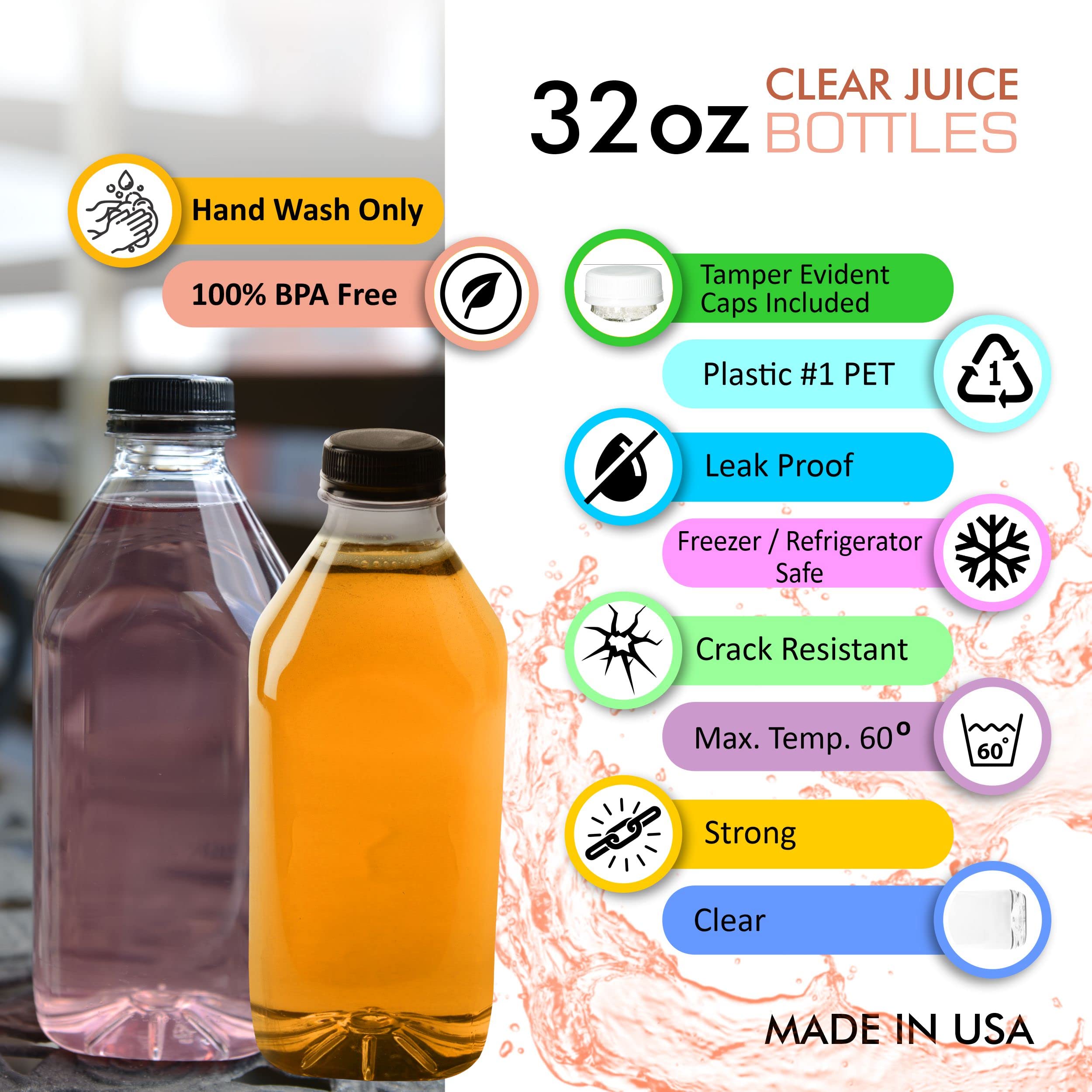 EcoQuality 40 Pack 32oz Clear Plastic Juice Bottles with Tamper Evident Caps - BPA Free Reusable Smoothie Bottles for Juices, Milk, Meal Prep, DIY Drinks & Home Brewing - Perfect for Restaurants, Cafes & Juice Bars