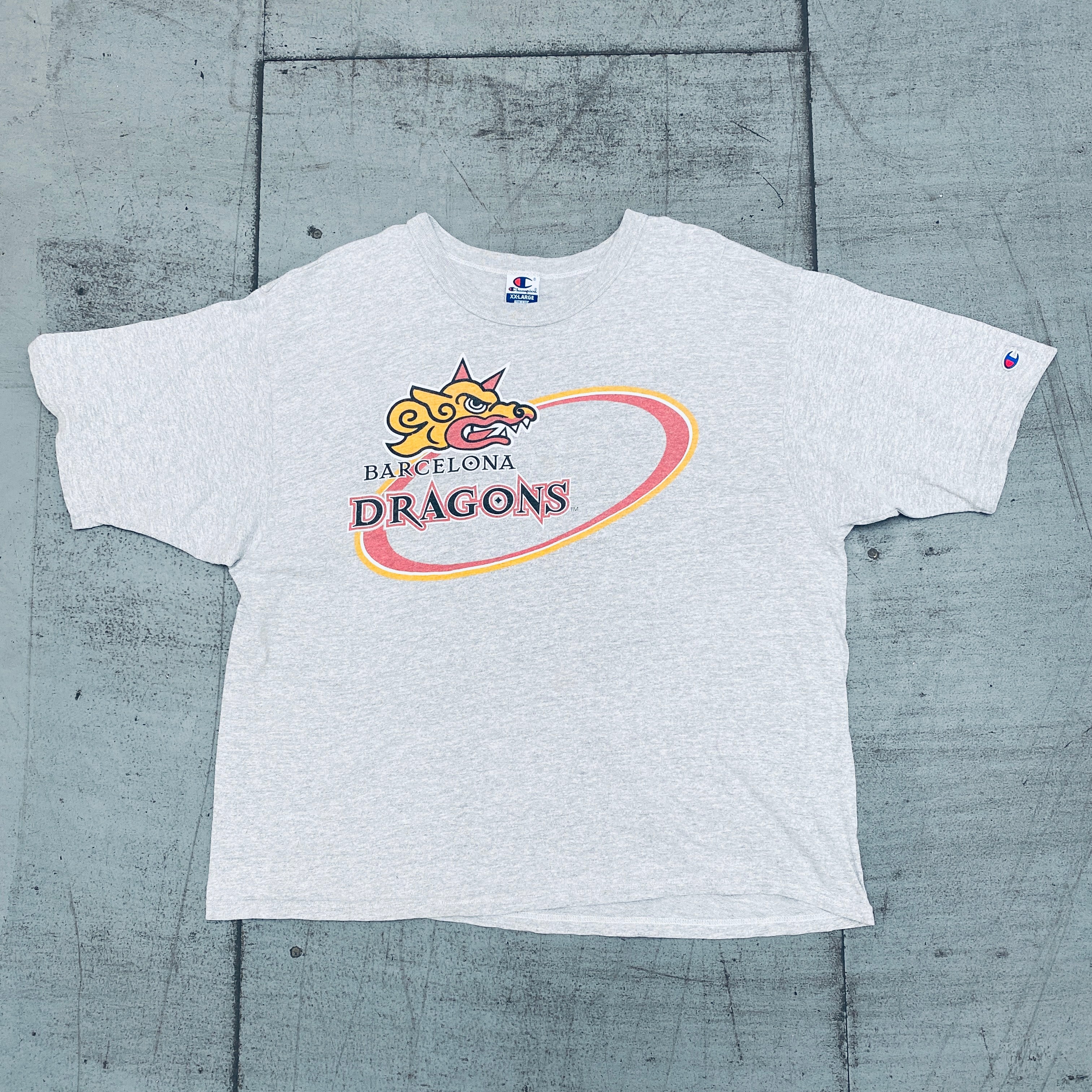 Vintage Barcelona Dragons 1990s Champion Graphic Spellout T-Shirt - XL/XXL Size - Retro Football Fan Apparel for Game Day & Casual Wear