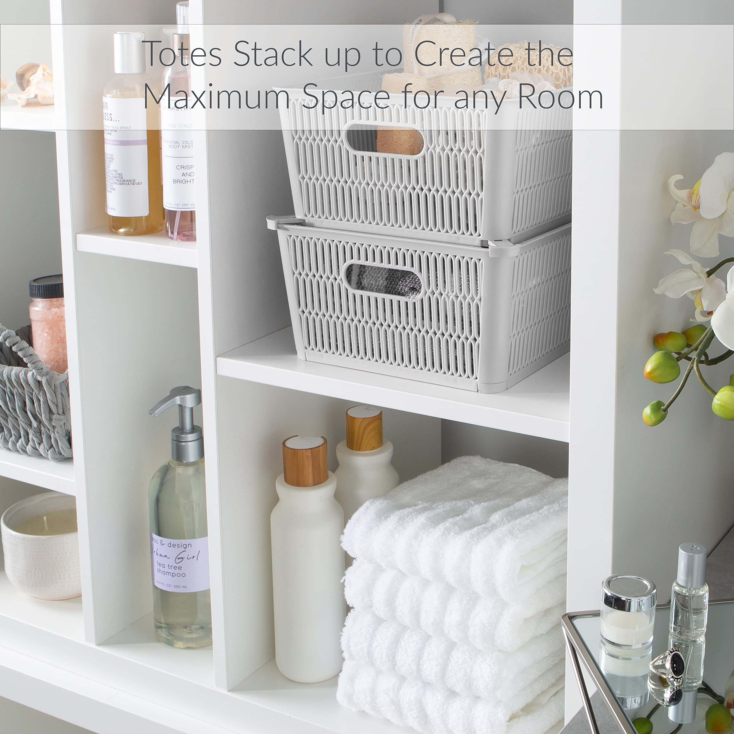 Simplify 2-Pack Large Slide & Stack Tote Baskets - Grey Storage Bins with Stackable Design for Bathroom, Craft Room, Pantry, Playroom & Office Organization | Perfect for Home Storage & Clutter Control