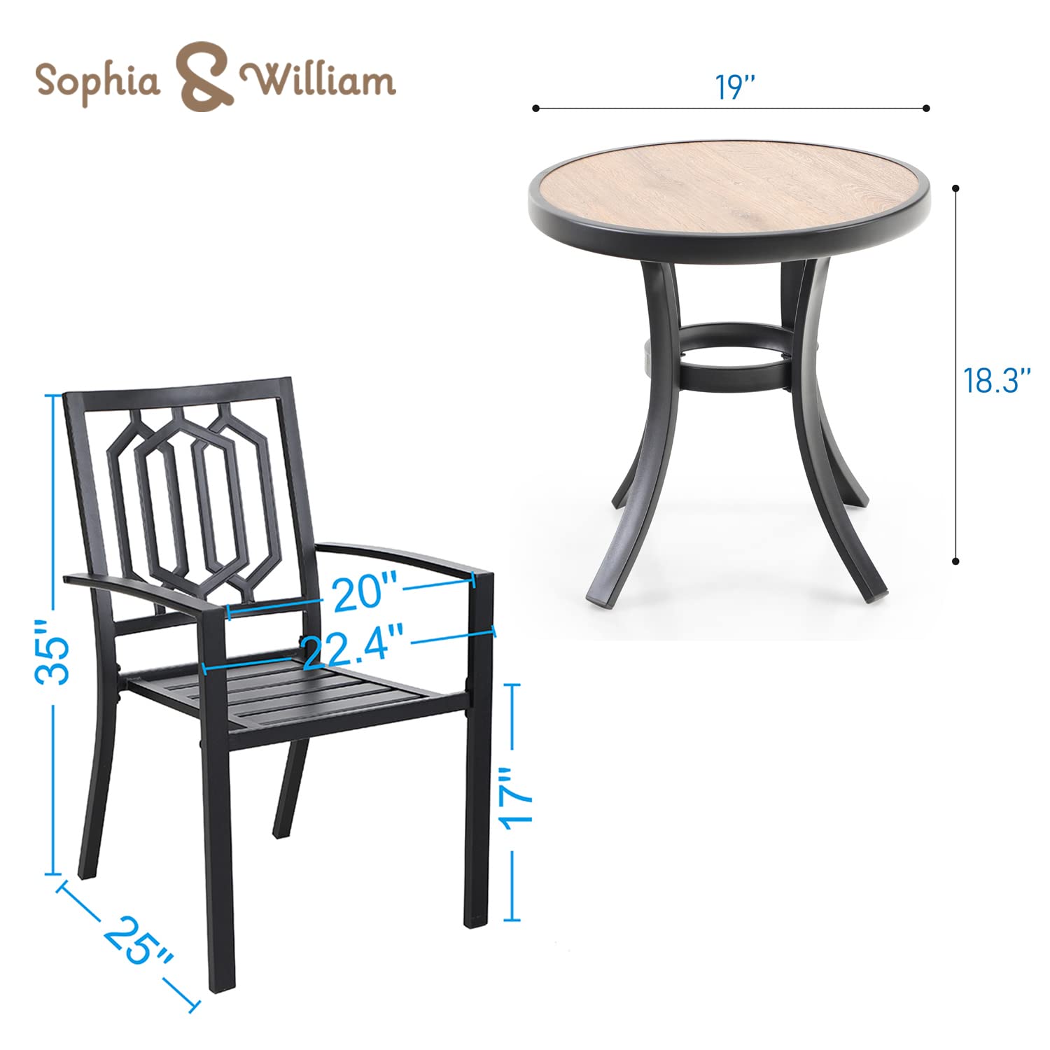 Sophia & William 3-Piece Patio Bistro Set - 2 Stackable Metal Chairs & Round Side Table - Outdoor Furniture for Backyard, Balcony, Garden & Indoor Use - Perfect for Relaxing, Dining & Entertaining