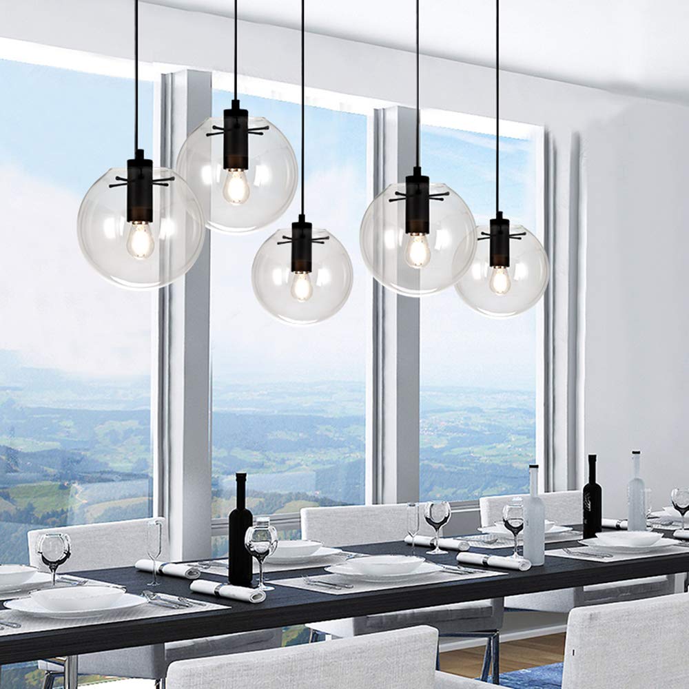 Handblown Clear Glass Pendant Light with Black Lamp Holder & Adjustable Cord - 7.9