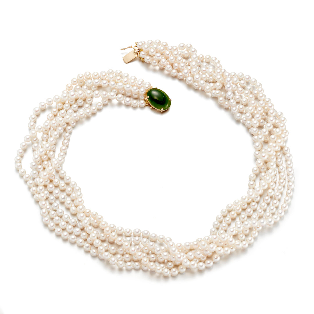 4mm Pearl and Green Nephrite Jade 6-Strand Twist Necklace - Elegant Jewelry for Women, Perfect for Weddings, Parties and Special Occasions