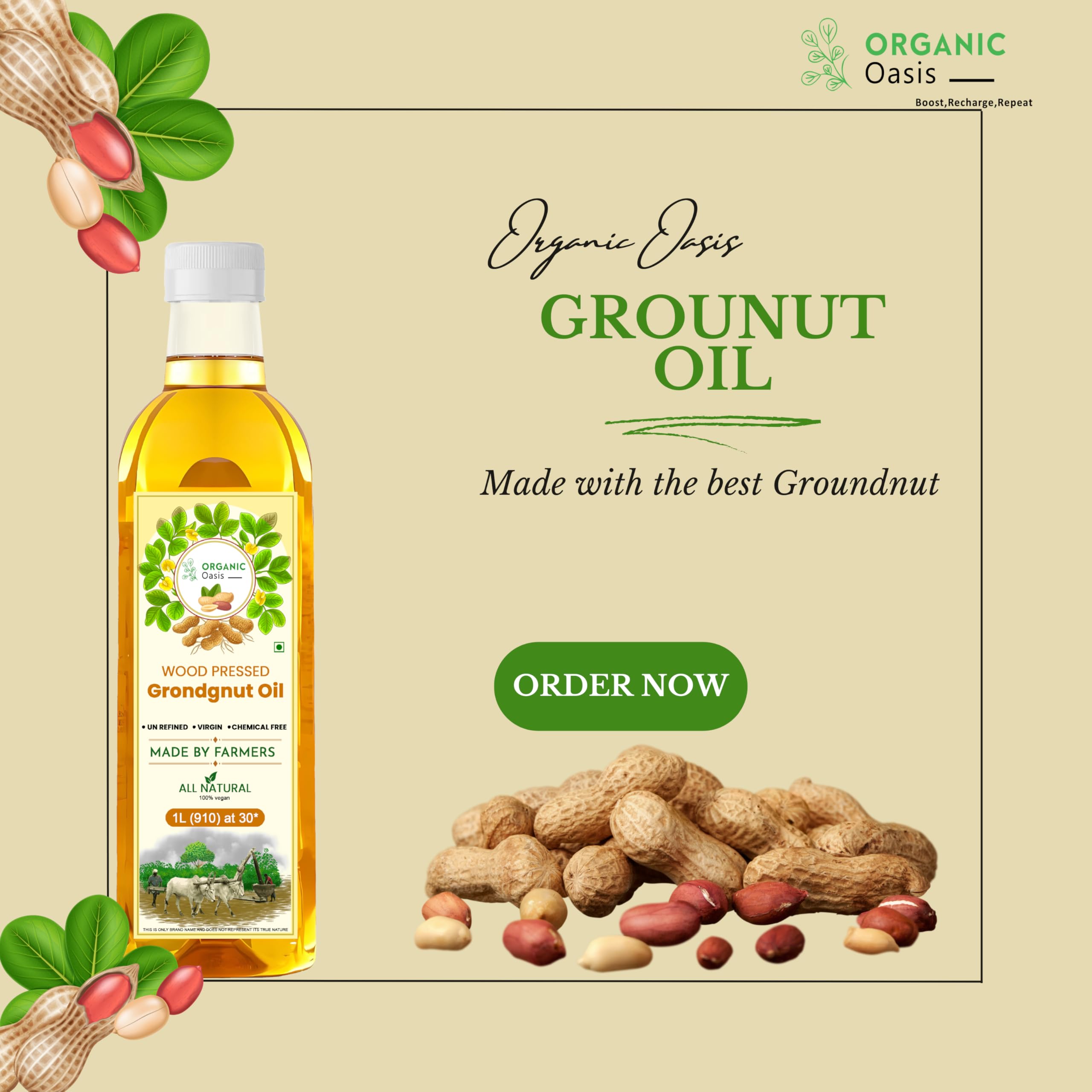 Organic Oasis Cold Pressed Peanut Oil - 100% Pure, Unrefined, Virgin Groundnut Oil | Kacchi Ghani Wood Pressed | 33oz Bottle | Perfect for Salad Dressings, Stir-Fries & Healthy Cooking