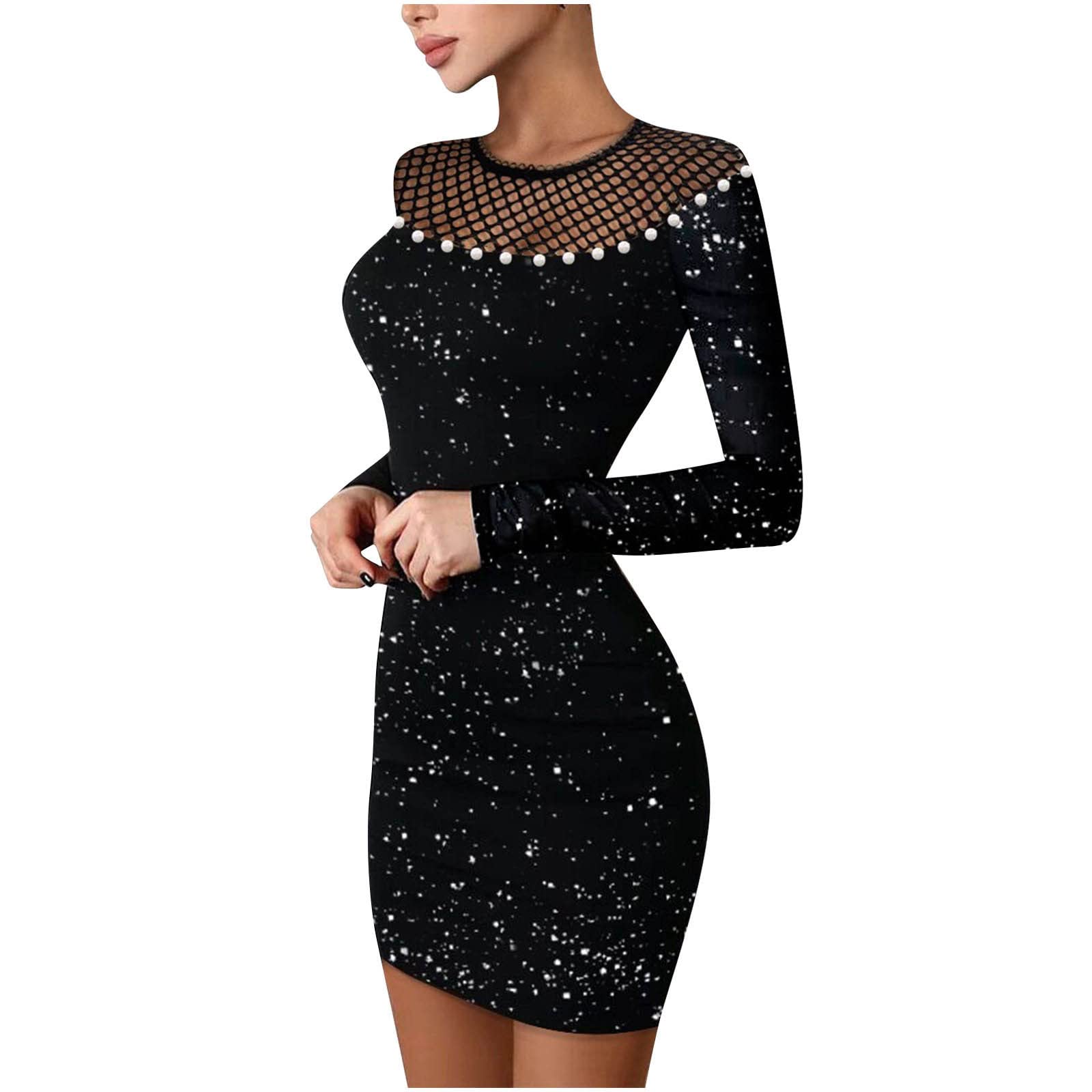 Sinzelimin Women's Sexy Sequined Bodycon Mini Cocktail Dress - Long Sleeve Crewneck Party Dress for Night Out, Club, Date Night & Special Occasions