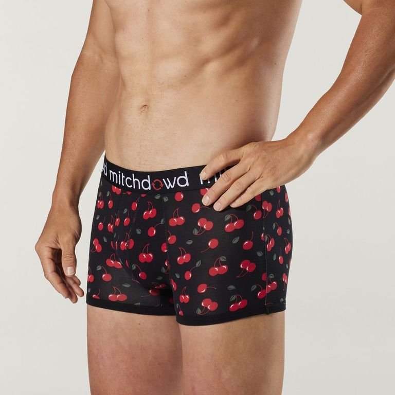Men's Black Juicy Cherries Bamboo Mid-Length Trunk Underwear - Soft & Breathable for Everyday Comfort, Gym & Lounge Wear