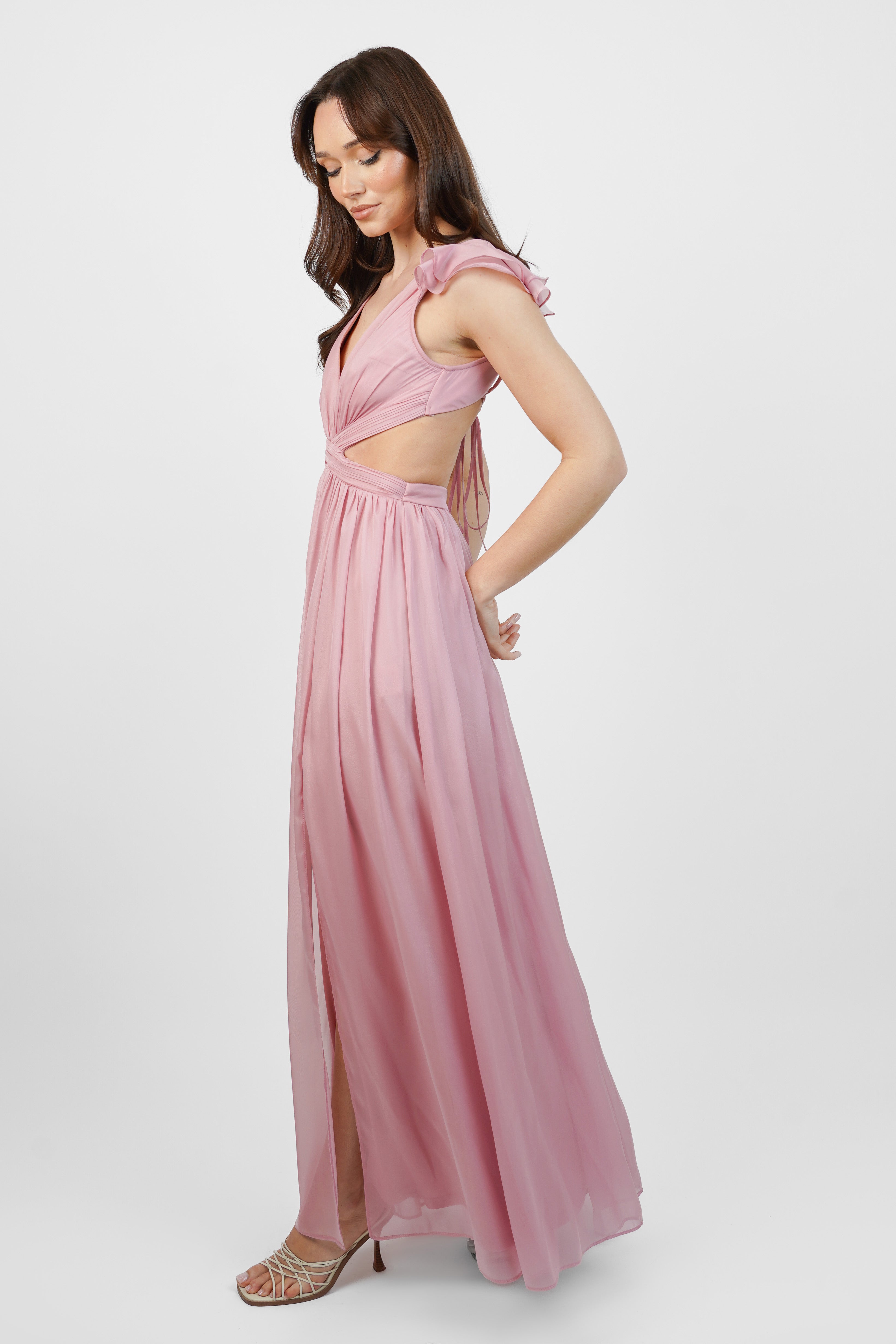 Adeline Metallic Chiffon Maxi Dress in Baby Pink - Elegant Formal Evening Gown for Weddings, Prom & Special Occasions