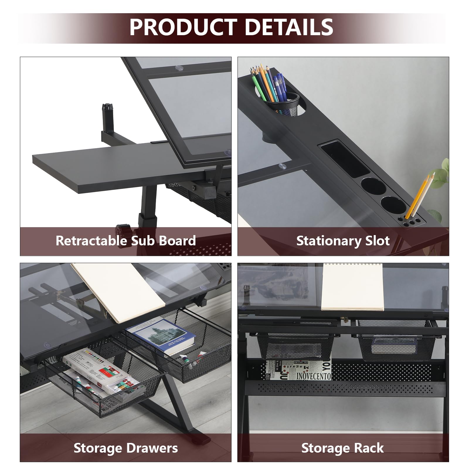 Adjustable Drafting Table with Stool Set - Tempered Black Glass Art Desk for Drawing, Painting & Sketching - Ergonomic Height & Angle Adjustments for Artists, Designers & Home Office Use