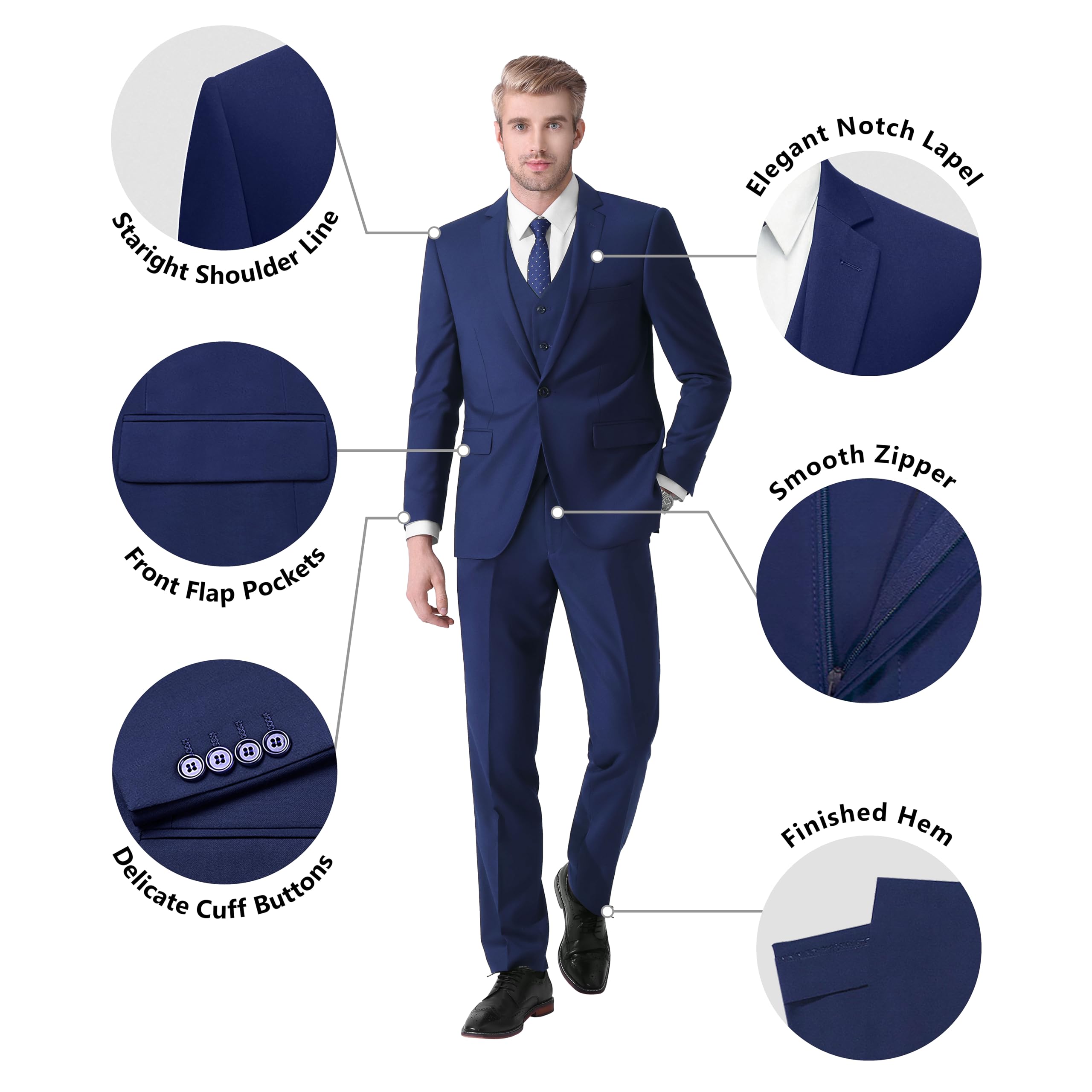 LUPURTY Men's 3 Piece Slim Fit Suit Set - One Button Tuxedo with Jacket, Vest & Pants + Free Tie | Formal Business Attire for Weddings, Interviews & Special Occasions