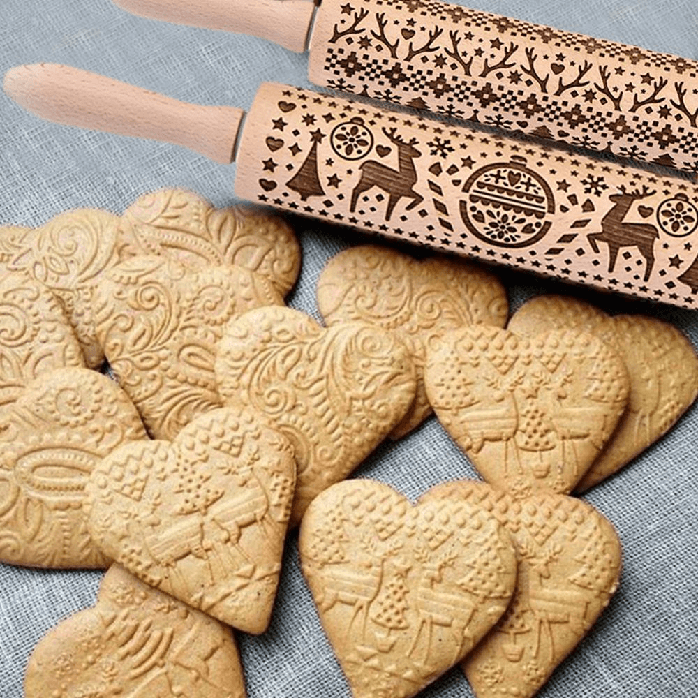 3D Christmas Wooden Embossed Rolling Pin for Cookie Dough - Holiday Baking Decorating Tool for Festive Cookies, Gingerbread, and Pastry Making