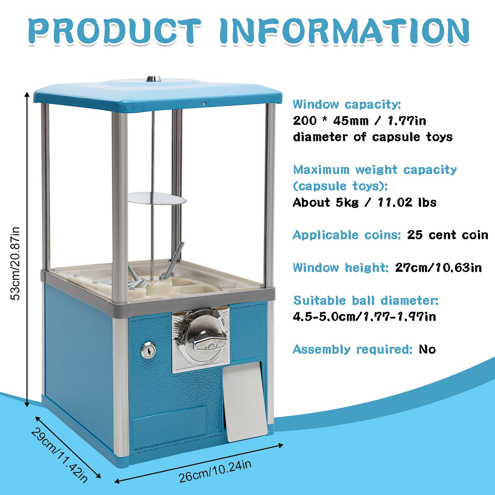 25 Cent Coin Operated Vending Machine - Commercial Gumball & Toy Capsule Dispenser for Candy, Nuts, Prizes (Blue) | Perfect for Arcades, Retail Stores, and Party Favors