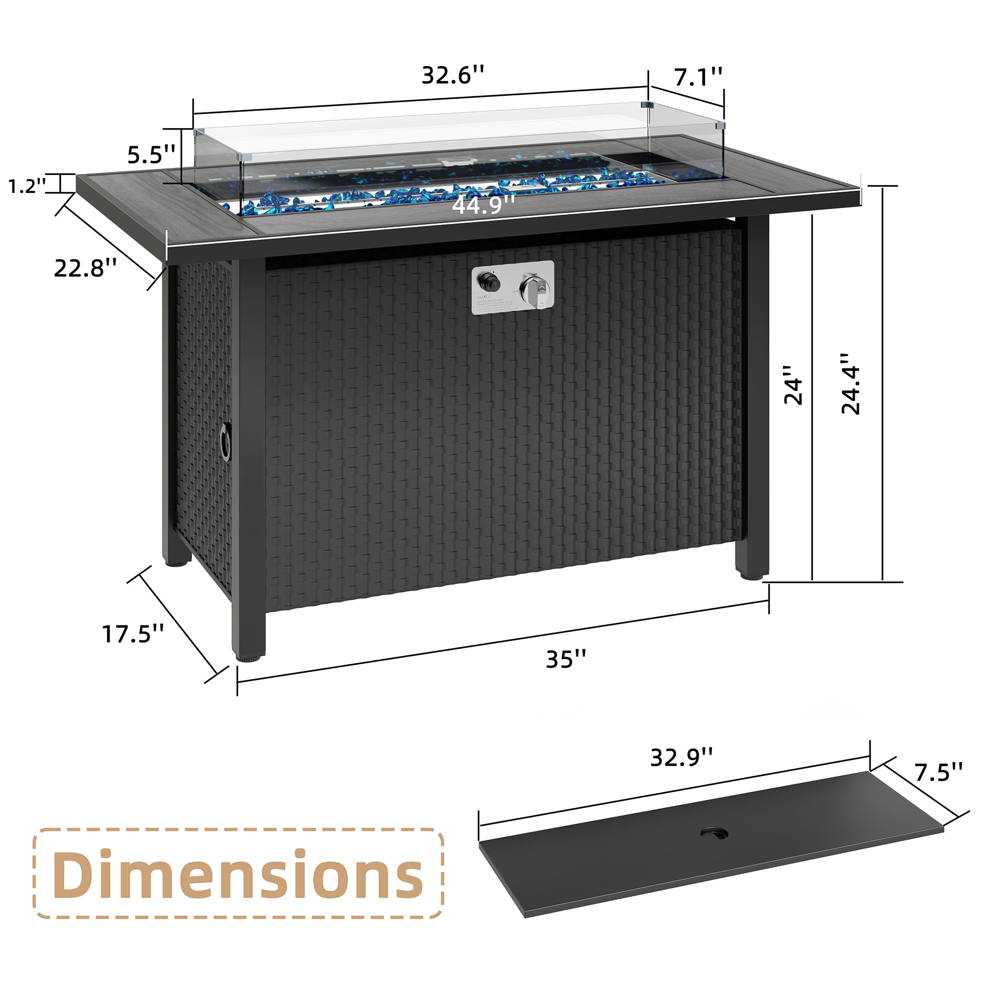 JAMFLY 45 Inch Propane Fire Pit Table - 50,000 BTU Outdoor Gas Fire Pit with Glass Wind Guard & Blue Glass Rocks - Waterproof Cover Included - Perfect for Patio, Backyard, and Garden Gatherings (Gray)