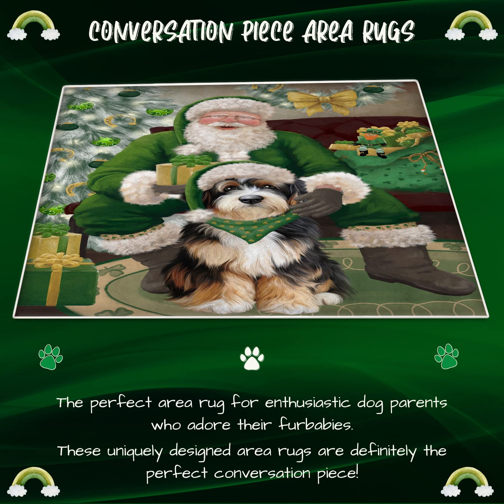 Christmas Irish Santa with Gift and Bernedoodle Dog Area Rug - Ultra Soft Cute Pet Printed Floor Carpet - Unique Style Decorative Rug for Dog Lovers - Perfect for Living Room, Bedroom, or Pet Play Area - 10'x3'3'' Indoor Gift
