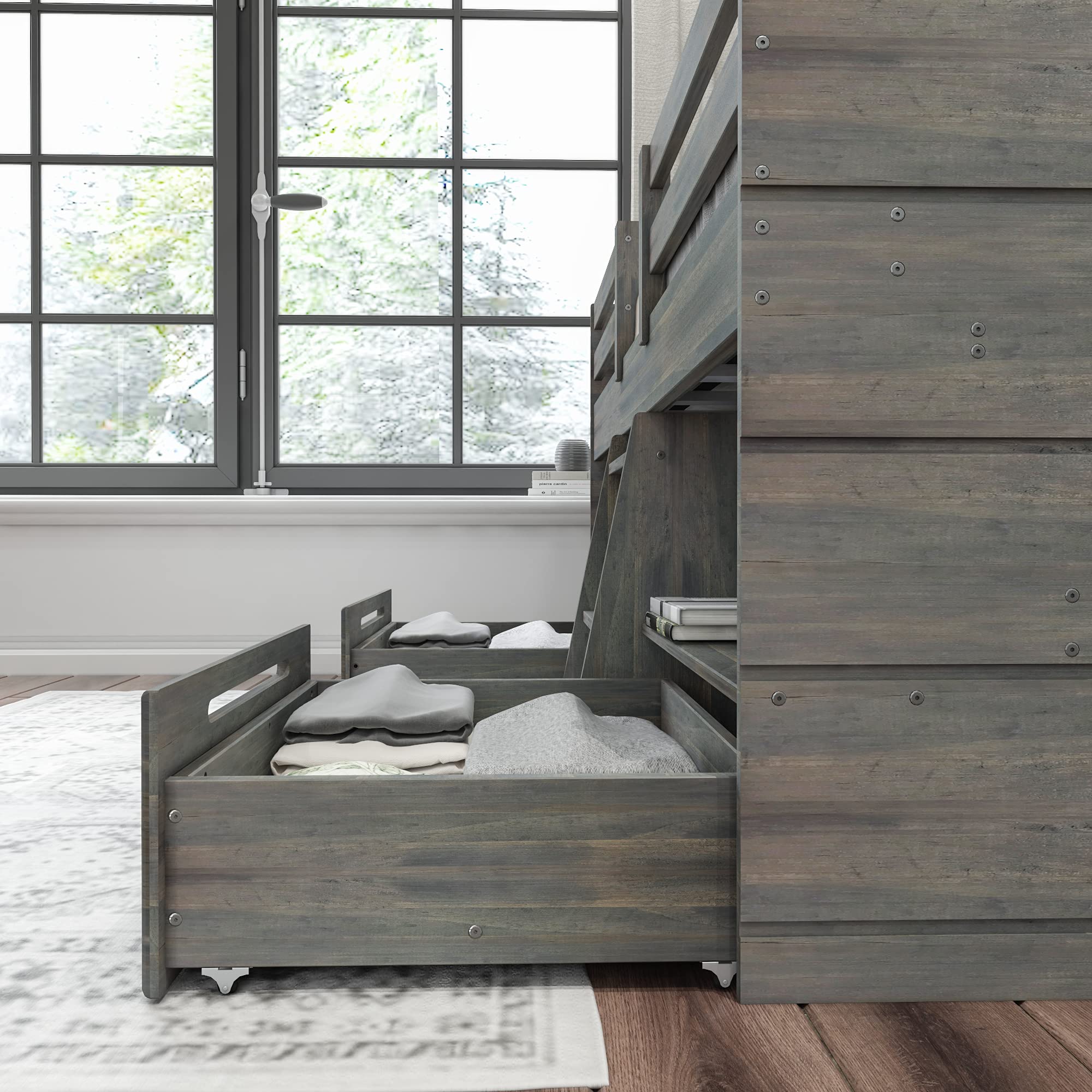 Modern Farmhouse Low Loft Bed with 2 Drawers - Twin Size, Solid Wood Frame in Driftwood Finish | Space-Saving Kids Bedroom Furniture for Small Rooms & Dorm Decor