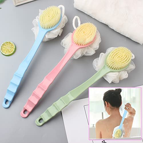 2 in 1 Loofah with Handle & Back Scrubber - Exfoliating Bath Brush for Women & Men - Body Cleaning Brush with Long Handle - Perfect for Shower, Spa & Deep Skin Exfoliation (Pack of 1, Random Color)