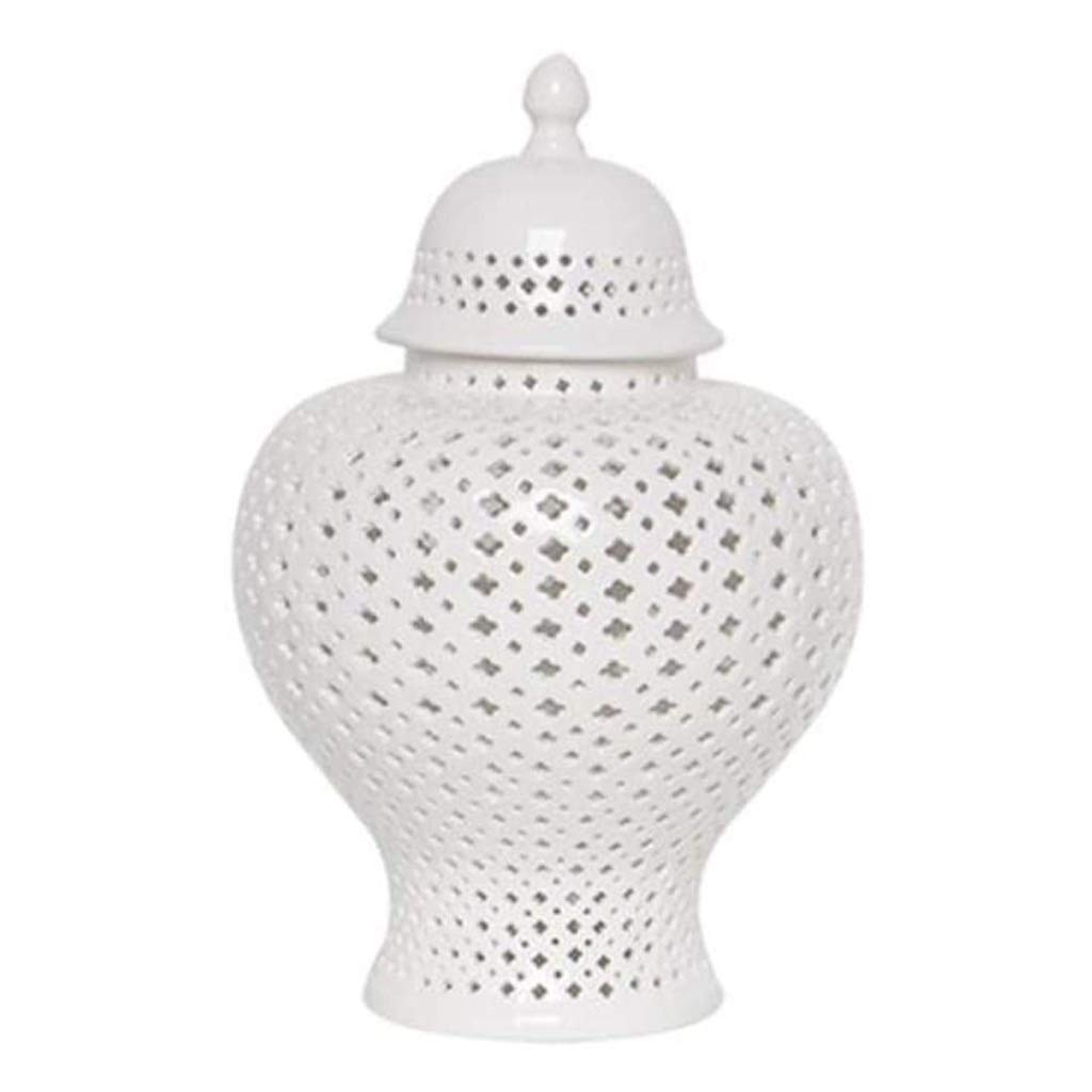 White Traditional Chinese Lattice Ginger Jar with Lid - Medium Size Pierced Porcelain Lantern for Home Decor, Wedding Centerpiece & Asian-Inspired Interior Design | Carthage Collection