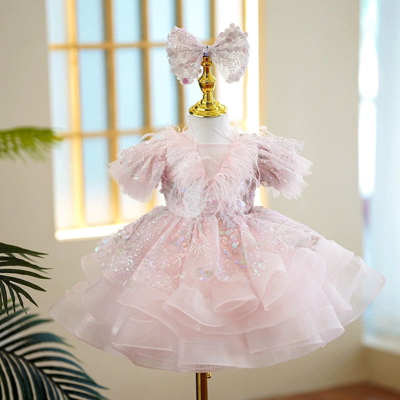 Pink Princess Round Tea Length Organza Flower Girl Dress for Weddings, Parties & Special Occasions