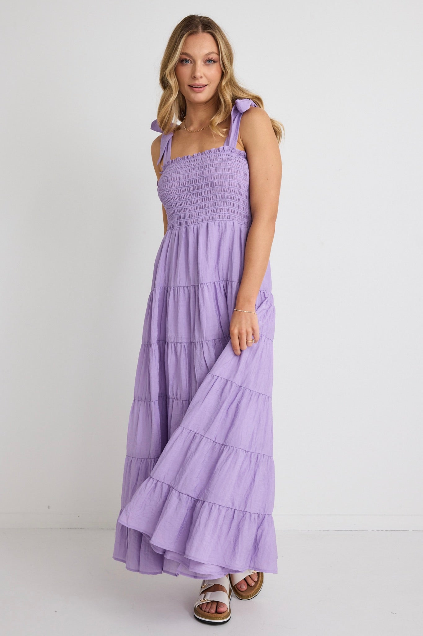 Isabella Lavender Strappy Tiered Maxi Dress - Flowy Summer Beach Dress for Women, Boho Chic Wedding Guest Dress, Vacation & Party Wear