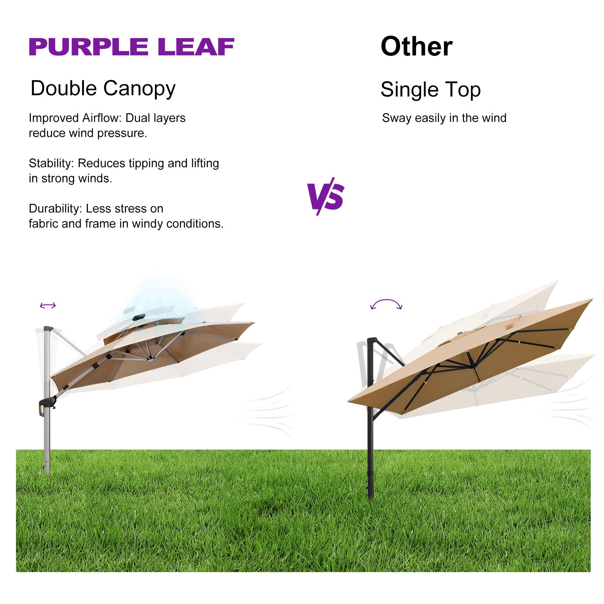 PURPLE LEAF 12ft Solar Powered LED Patio Umbrella - Large Windproof Cantilever Outdoor Umbrella with Bright LED Lights, Heavy Duty Sun Shade for Garden, Deck, Pool & Backyard (Beige) | Perfect for Outdoor Dining, Lounging and Summer Entertaining