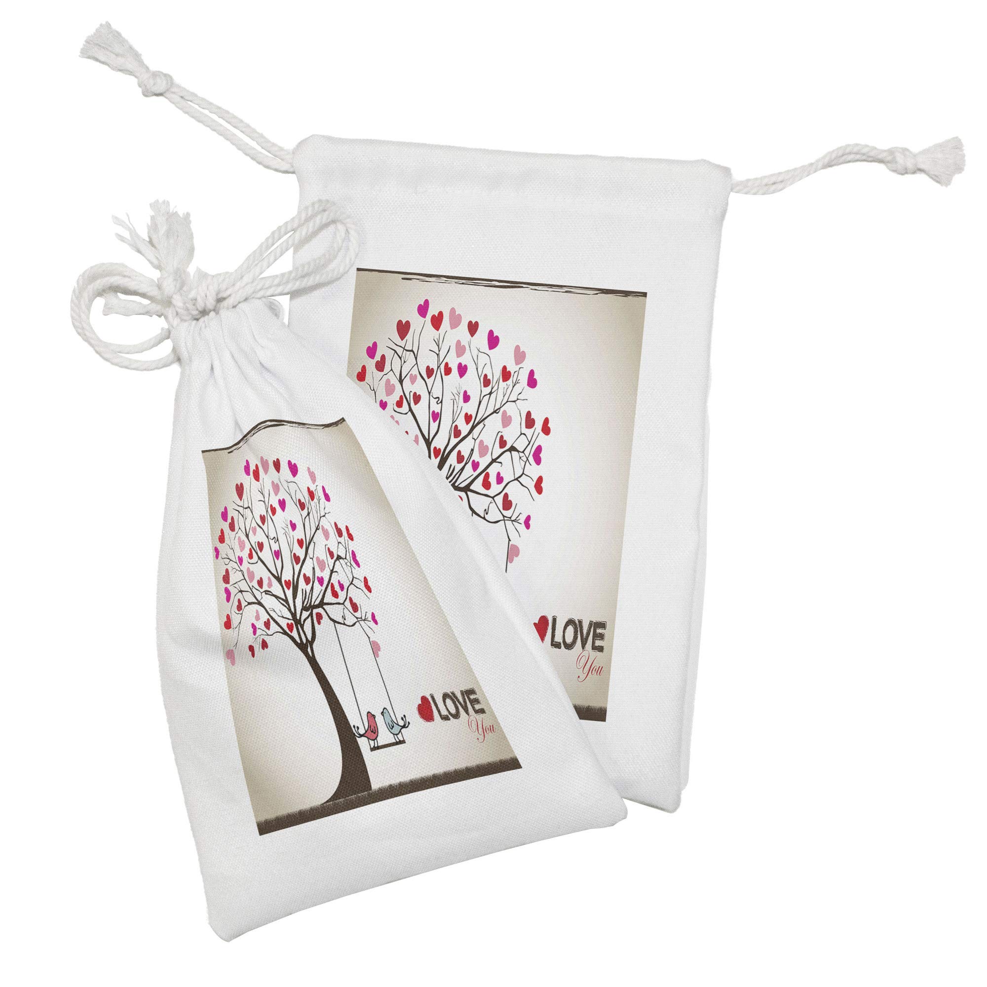 Ambesonne Love Fabric Pouch Set of 2 - Heart Leaves Tree with Birds in Swing Cartoon Design | Small Drawstring Bag for Toiletries, Makeup, Jewelry & Party Favors | 9
