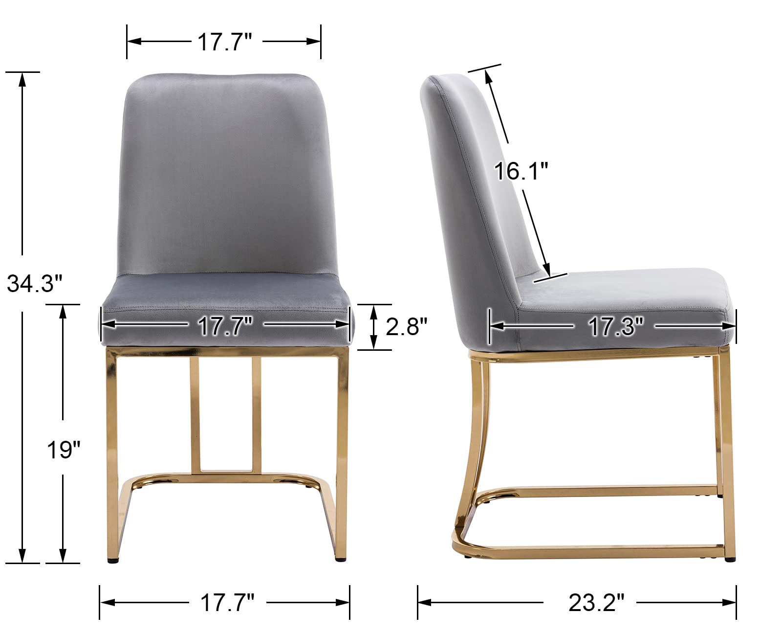 Mid Century Modern Dining Chairs Set of 2 - Velvet Upholstered Side Chairs with Gold Metal Legs, 17.7