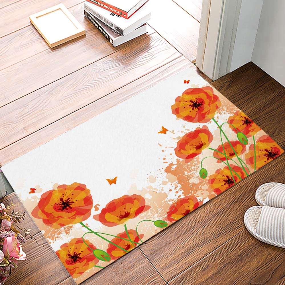 Non-Slip Spring Orange Poppy Flower Butterfly Welcome Doormat - Soft Low Profile Indoor Entrance Mat (20
