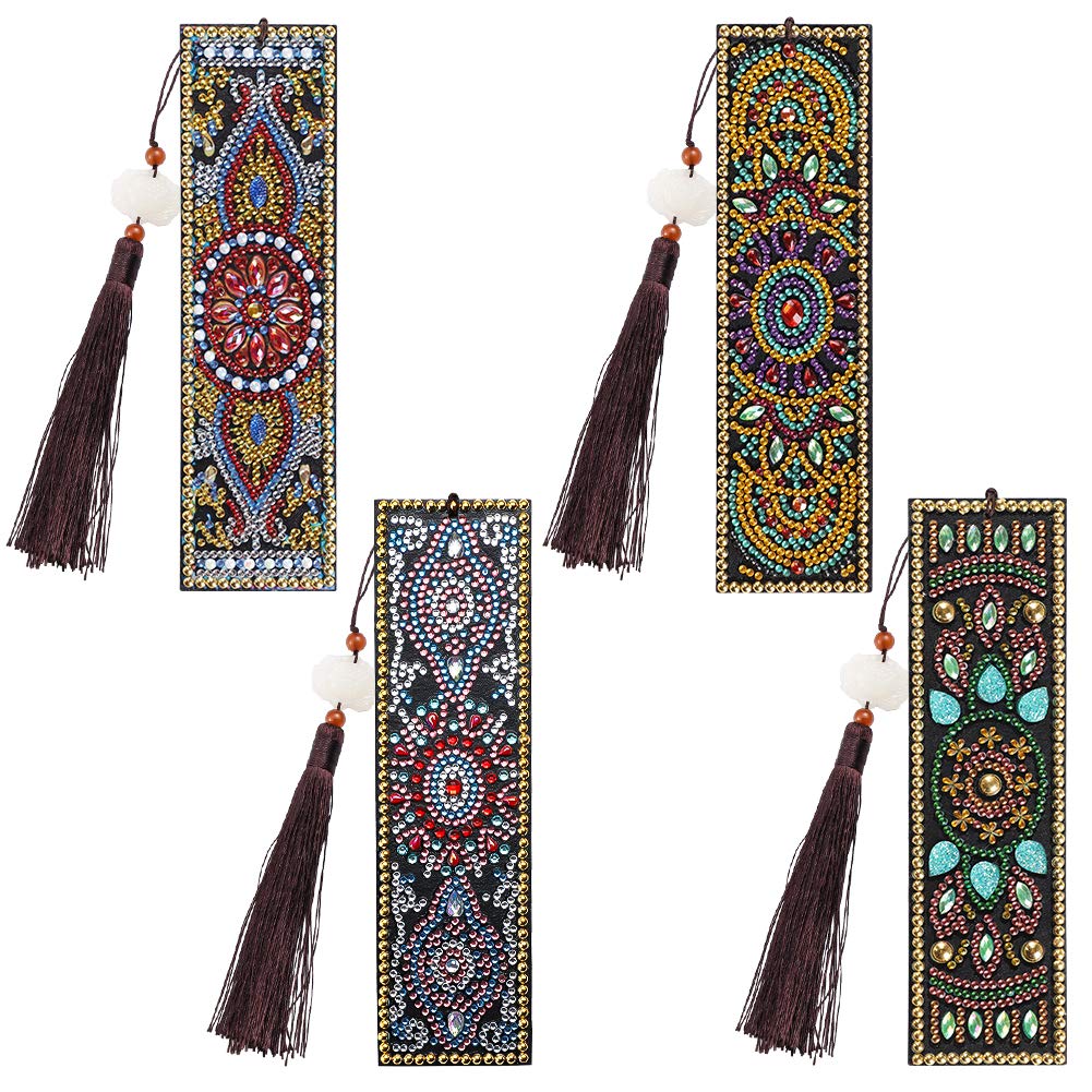 5D DIY Diamond Painting Bookmark Kits - Artscope Creative Leather Tassel Bookmark Craft with Crystal Rhinestones for Kids & Adults Beginners (4PCs Set B) - Perfect for Reading, Gifts, and Relaxation Activities