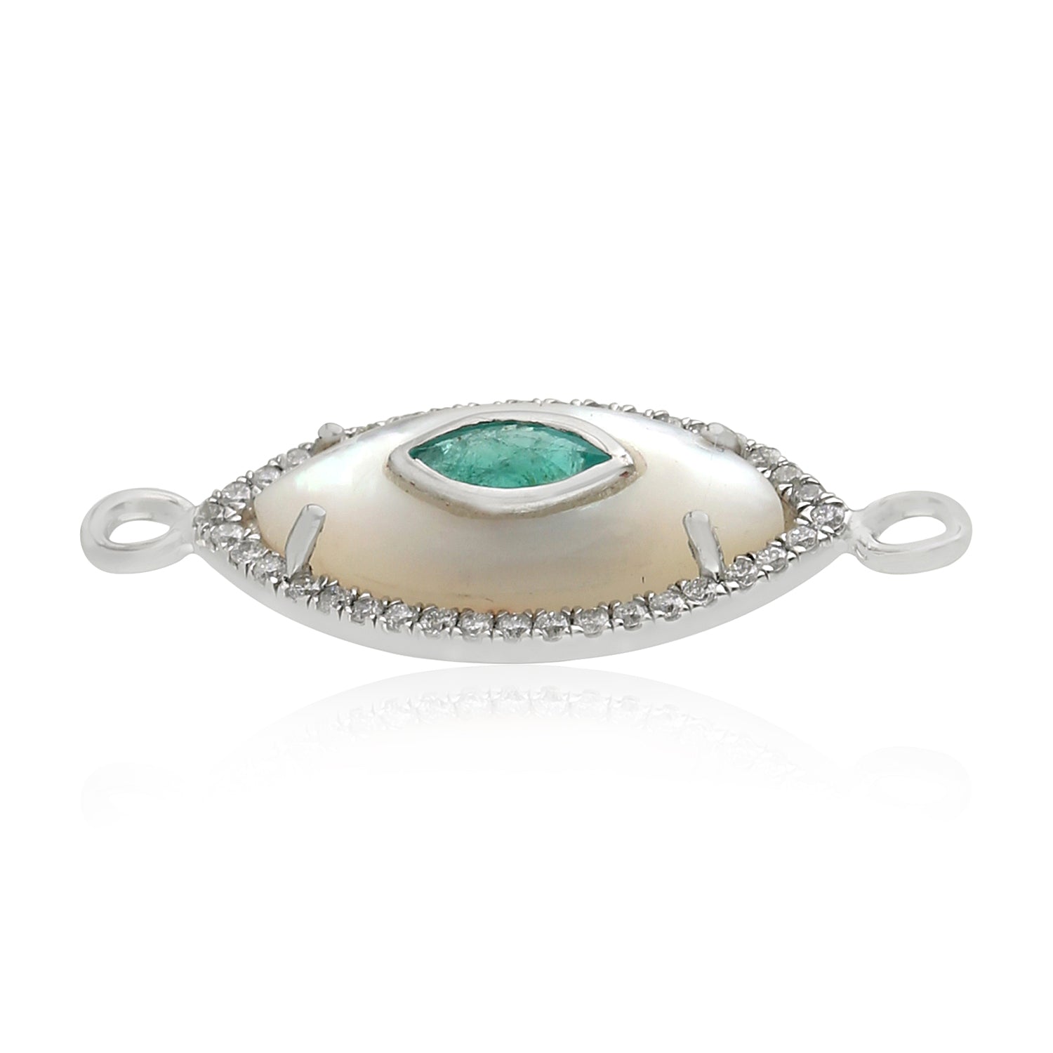 Marquise Cut Emerald Mother of Pearl Pave Diamond Evil Eye Connector Jewelry Finding - 14K White Gold for Necklace, Bracelet & DIY Jewelry Making