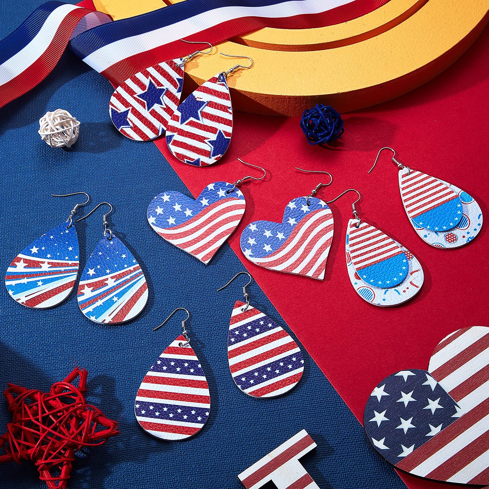 16 Pairs Patriotic American Flag Leather Earrings - Red White Blue Faux Leather Dangle Earrings for Women & Girls - Perfect for 4th of July, Independence Day, Memorial Day & Veterans Day Celebrations