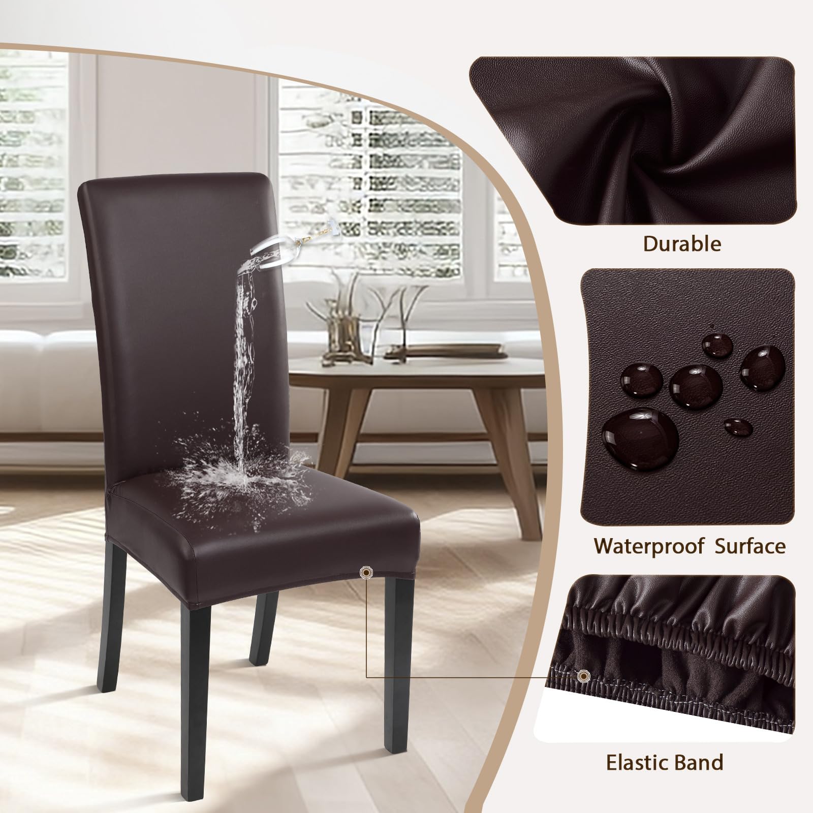 Waterproof PU Leather Dining Chair Covers Set of 6 - Stretch Oil-Resistant Parsons Chair Slipcovers, Washable Kitchen Chair Protectors for Dining Room (Brown) | Perfect for Home, Restaurant, and Office Use