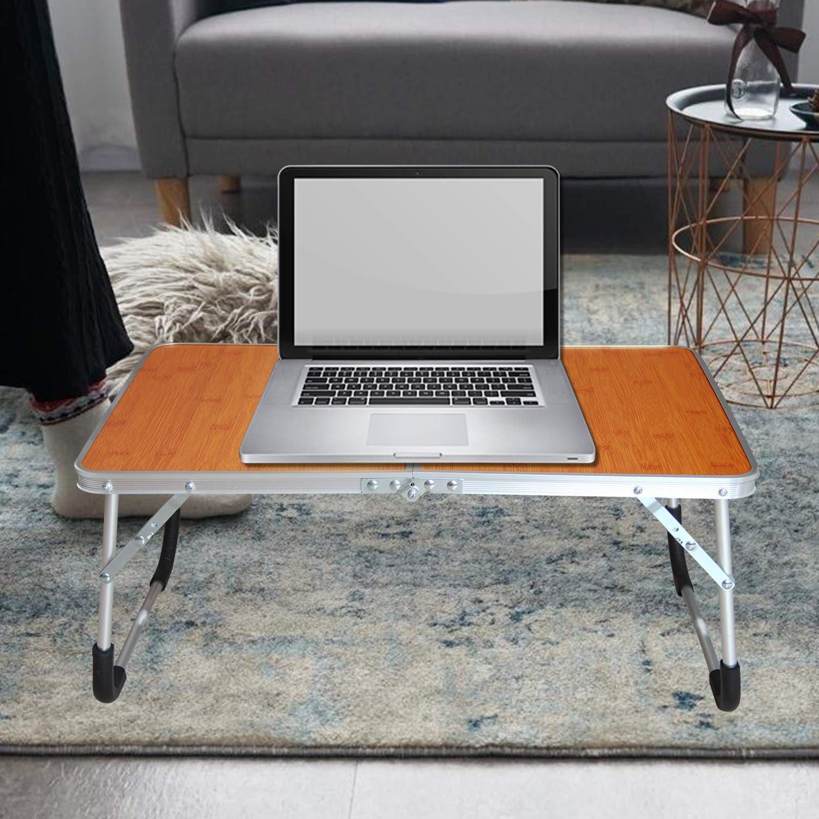 Foldable Bamboo Wood Grain Laptop Table - Portable Bed Desk & Breakfast Tray with Inner Storage | Lightweight Folding Design for Home Office, Dorm Room, Picnic & Outdoor Use