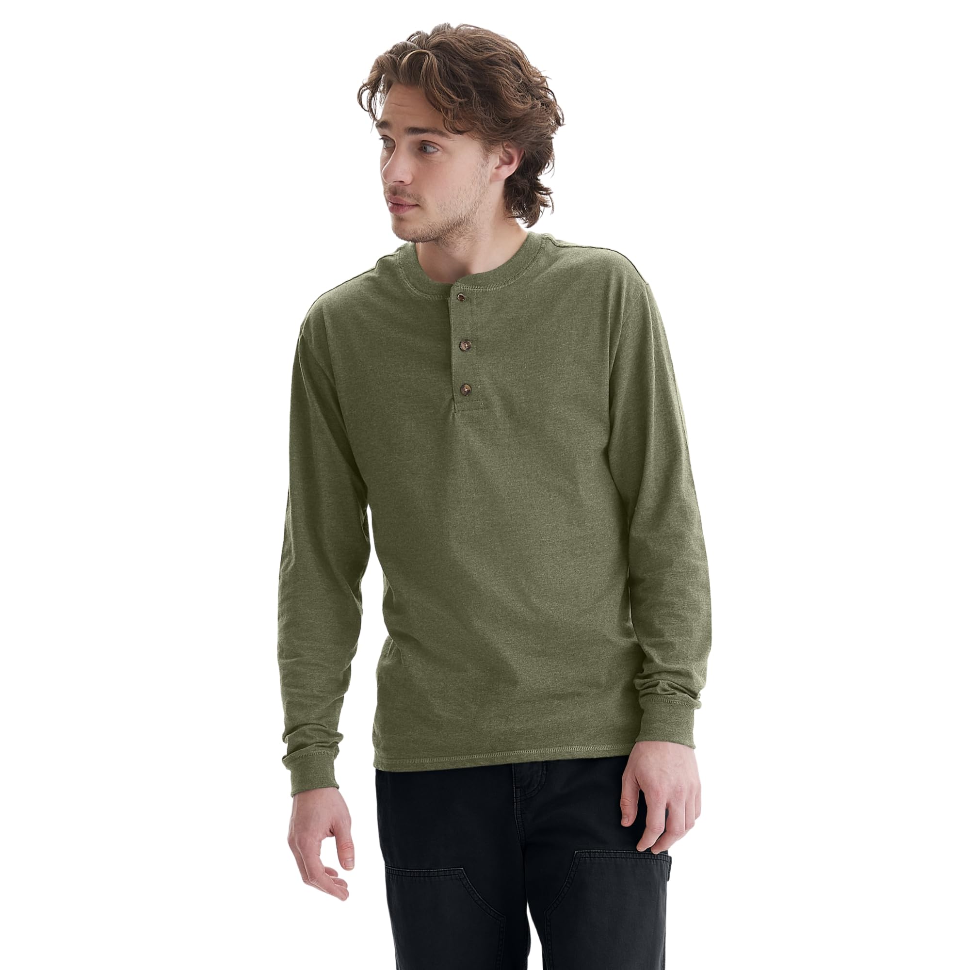Hanes Men's Beefy-T Long Sleeve Cotton Henley Shirt - Soft Breathable Casual Wear for Everyday Comfort & Layering