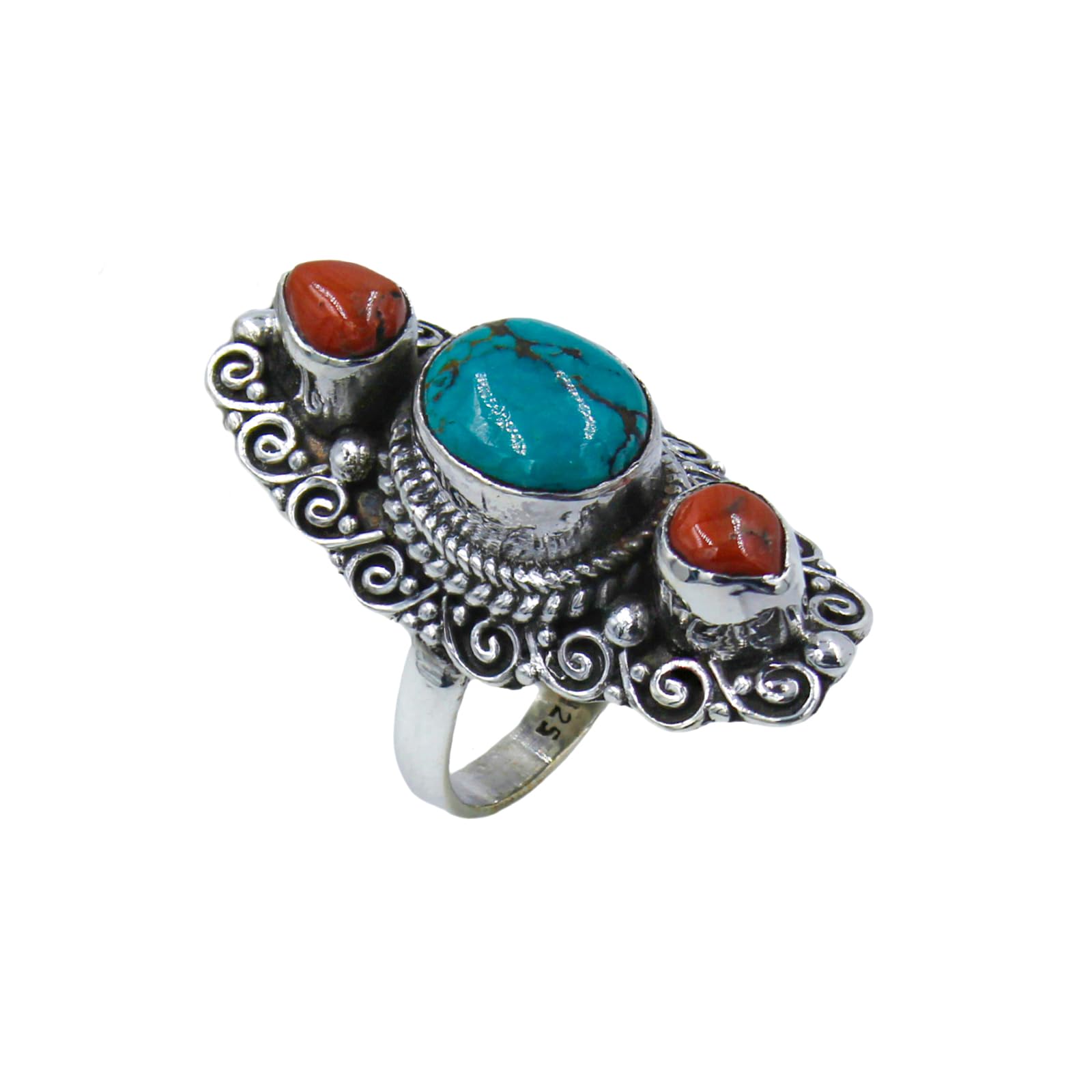 925 Sterling Silver Ring for Men & Women - Turquoise Coral Gemstone Handmade Ethnic Filigree Fashion Jewelry - Perfect Gift for Birthdays, Anniversaries & Special Occasions - Size 8