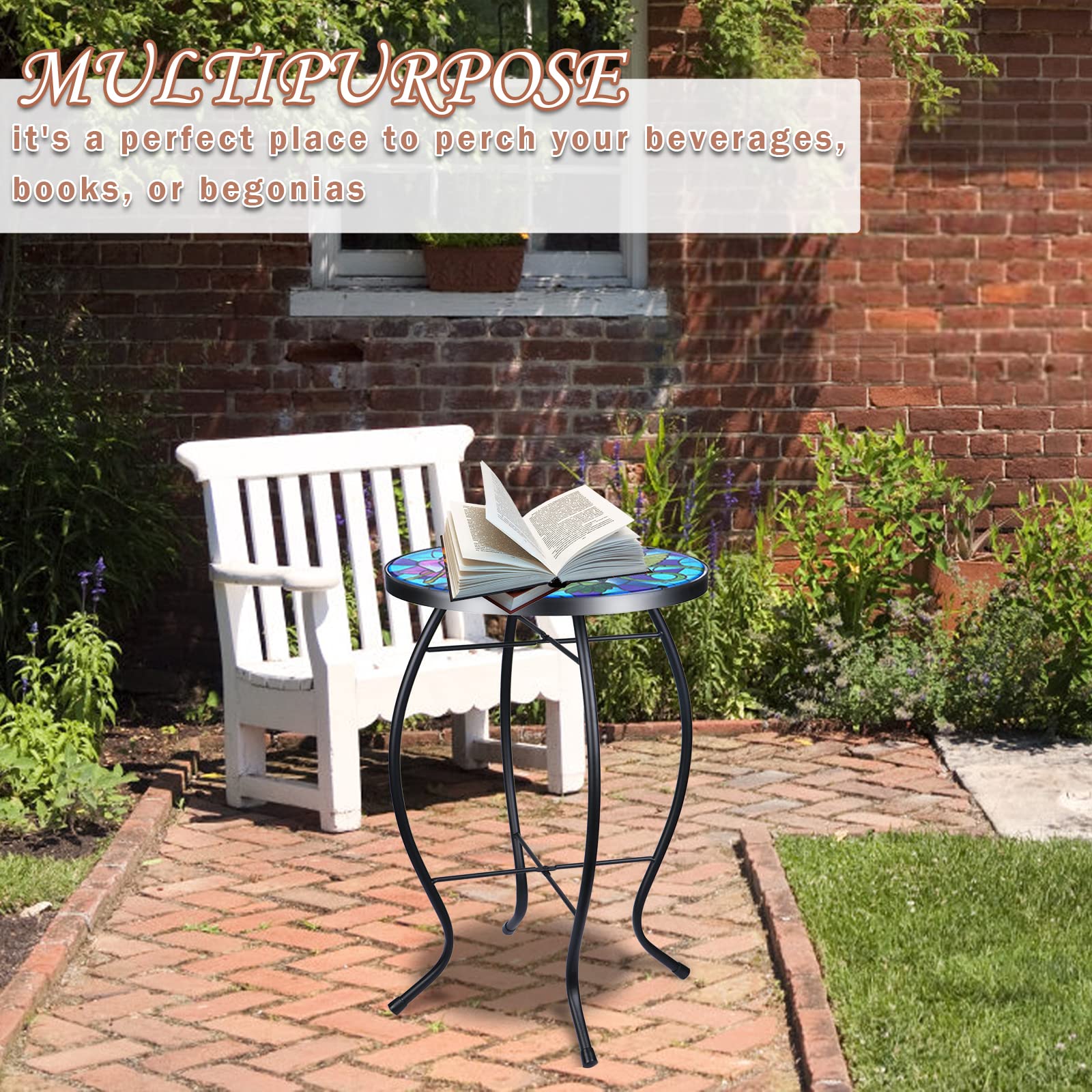 VCUTEKA Round Glass Mosaic Patio Side Table - Outdoor Accent Coffee Table with Hummingbird Design for Balcony, Porch & Indoor Use - Perfect as Plant Stand, Bistro Table or End Table