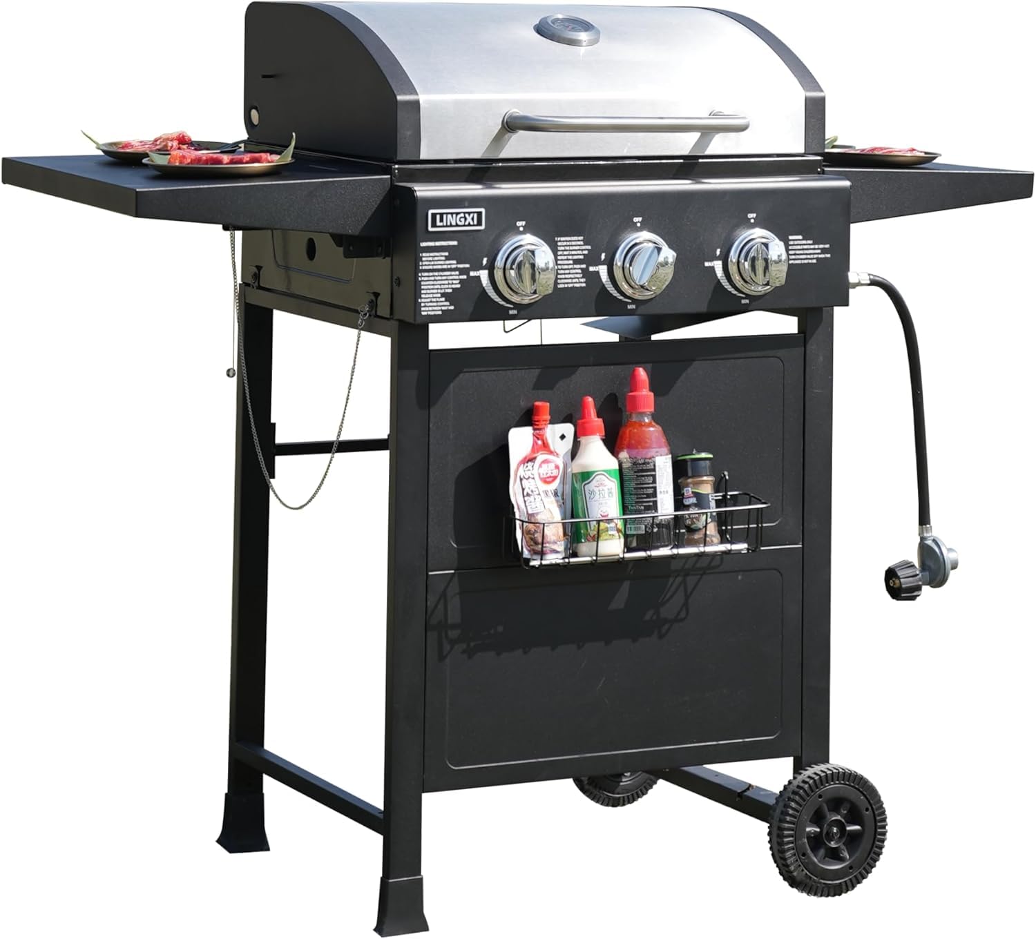 3-Burner Propane Gas Grill with Front Hanging Basket - 30,000 BTU Outdoor BBQ Grill for Backyard, Patio, Garden & Camping - Perfect for Family Cookouts, Tailgating & Summer Barbecues