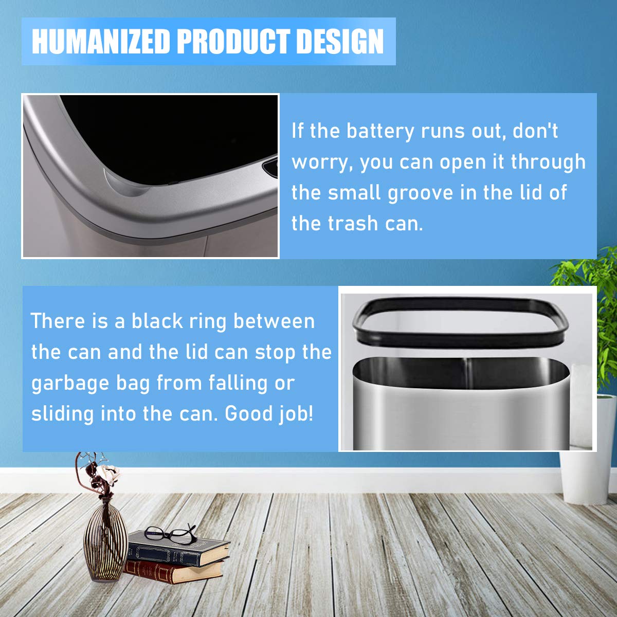 Stainless Steel 13 Gallon Automatic Sensor Trash Can with Lid - Touch-Free 50 Liter Large Capacity Kitchen Garbage Bin for Home, Bathroom, Office & Bedroom - Perfect for Hands-Free Waste Disposal & Hygiene Maintenance