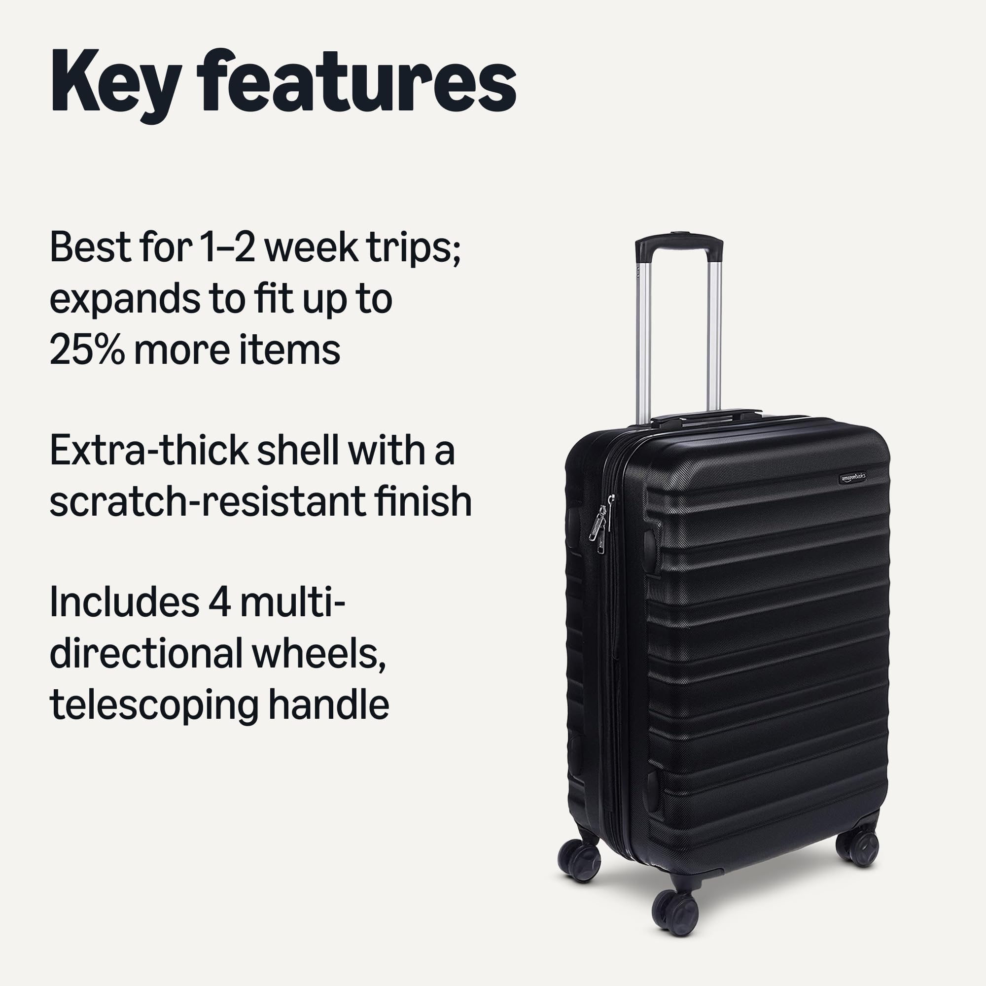 Amazon Basics 26-Inch Hardside Checked Luggage with Wheels - Expandable Hardshell Suitcase for Travel, Scratch-Resistant Surface & 4 Multi-Directional Spinner Wheels - Black - Perfect for Air Travel, Business Trips & Vacation Packing