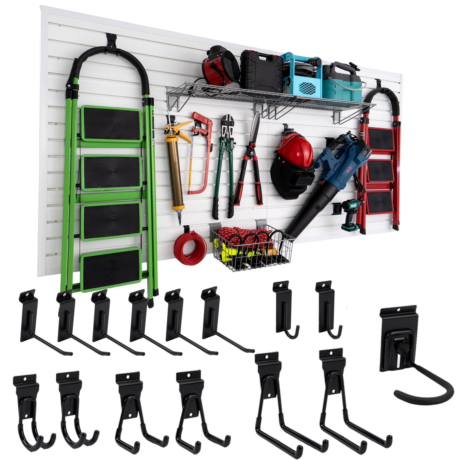 **4x8 Slatwall Panel Garage Tool Organizer with 15 Accessories - Wall Mount Yard & Power Tool Storage, Bike Rack & Garden Organizer - White Slat Wall Paneling for Garage, Workshop & Home Organization**
