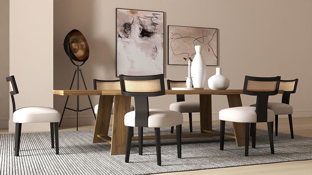 4 Rattan Dining Chairs Set - Modern Cane Back Upholstered Linen Chairs with Black Wood Frame (Beige) - Perfect for Kitchen, Dining Room, Restaurant & Outdoor Patio Seating