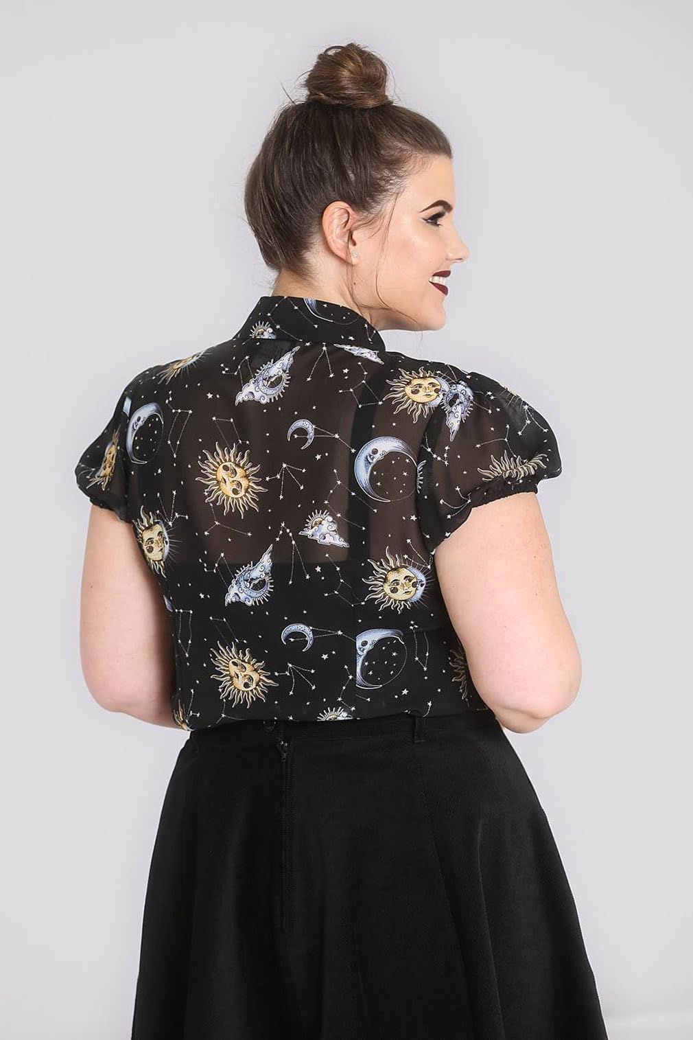 Hell Bunny Solaris Sun Moon Stars Gothic Wicca Chiffon Blouse - Vintage Boho Witchy Top for Women (XS-4XL) | Perfect for Halloween, Steampunk & Pagan Festivals