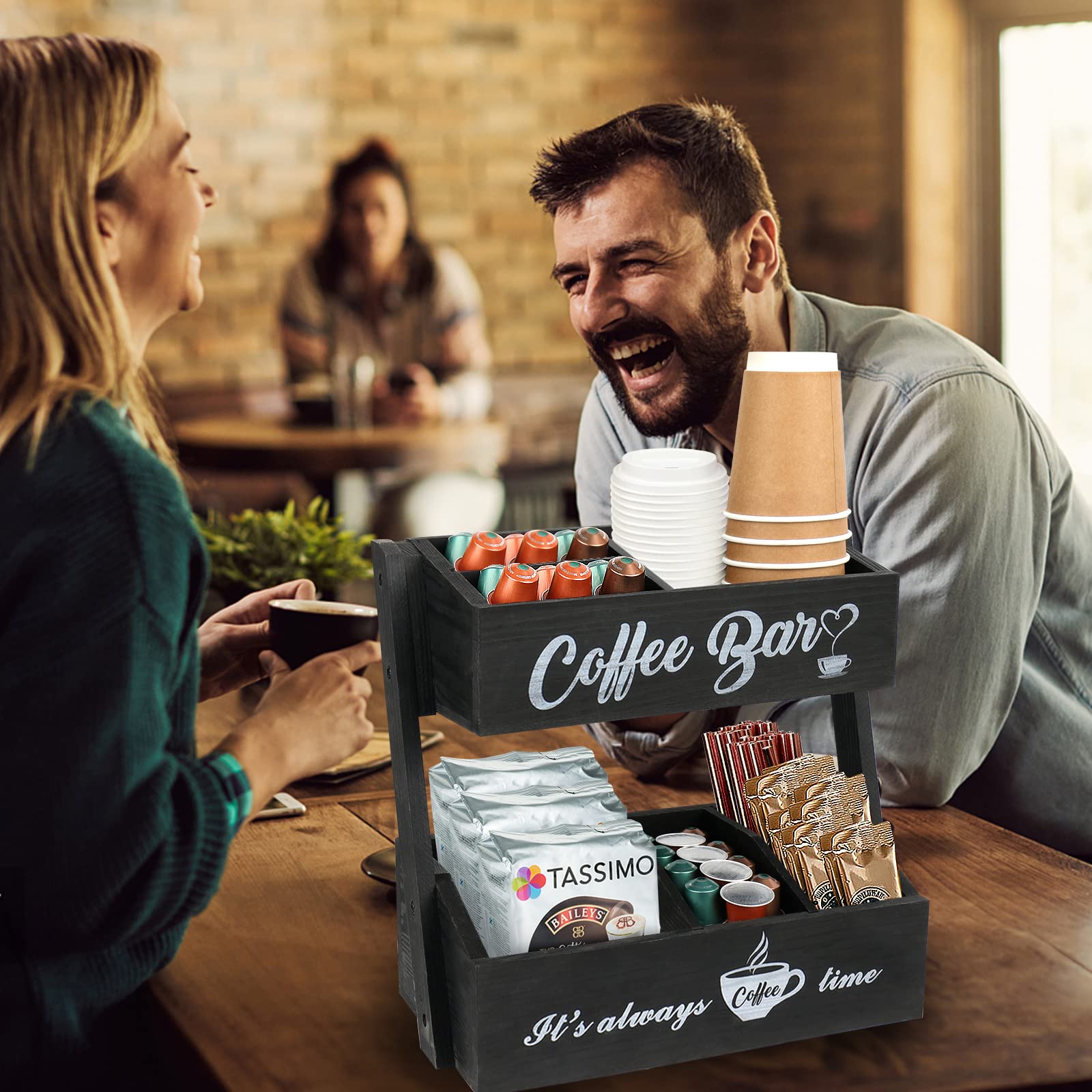 2-Tier Coffee Bar Organizer - Countertop Storage Shelf for Coffee Station & Kitchen Essentials | Black Coffee Bar Decor | Perfect Gift for Coffee Lovers | Ideal for Home, Office & Cafe Use
