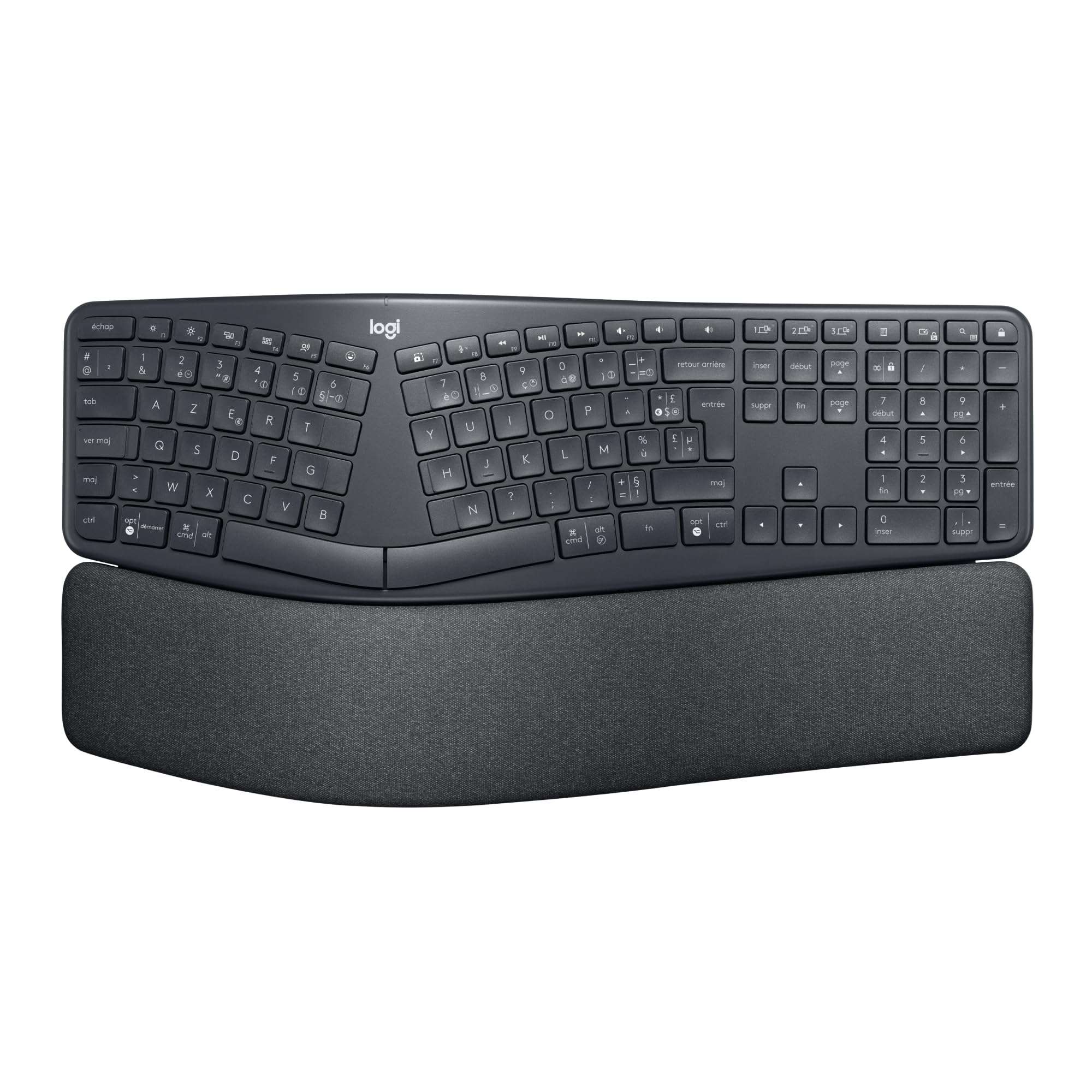 Logitech ERGO K860 Wireless Ergonomic Keyboard with Wrist Rest - Split Design for Natural Typing, Bluetooth & USB Connectivity - PC & Mac Compatible (French AZERTY Layout, Grey) - Ideal for Office Work, Long Typing Sessions & Reducing Wrist Strain