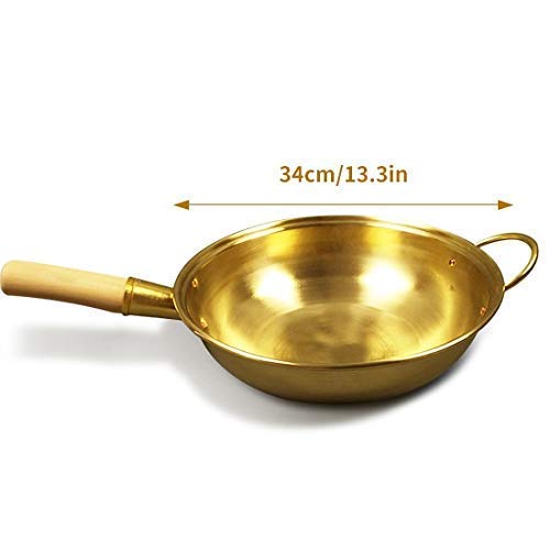 **Pure Copper Wok Pan - 34cm Thickened Brass Frying Pan with Wooden Handle - Professional Cookware for Stir-Fry, Sauté & Deep Frying - Ear Copper Pot for Home & Restaurant Use**