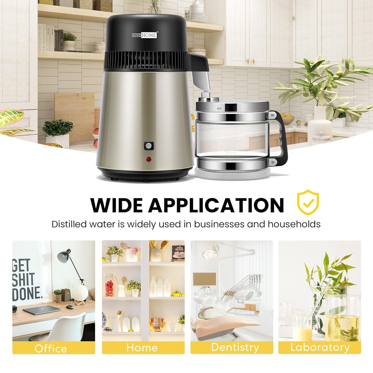 VIVOHOME 1.1 Gallon/4L Countertop Water Distiller - 304 Stainless Steel Home Distilled Water Machine with Smart Switch & Purifier Filter - Perfect for Home, Office, and Champagne Making