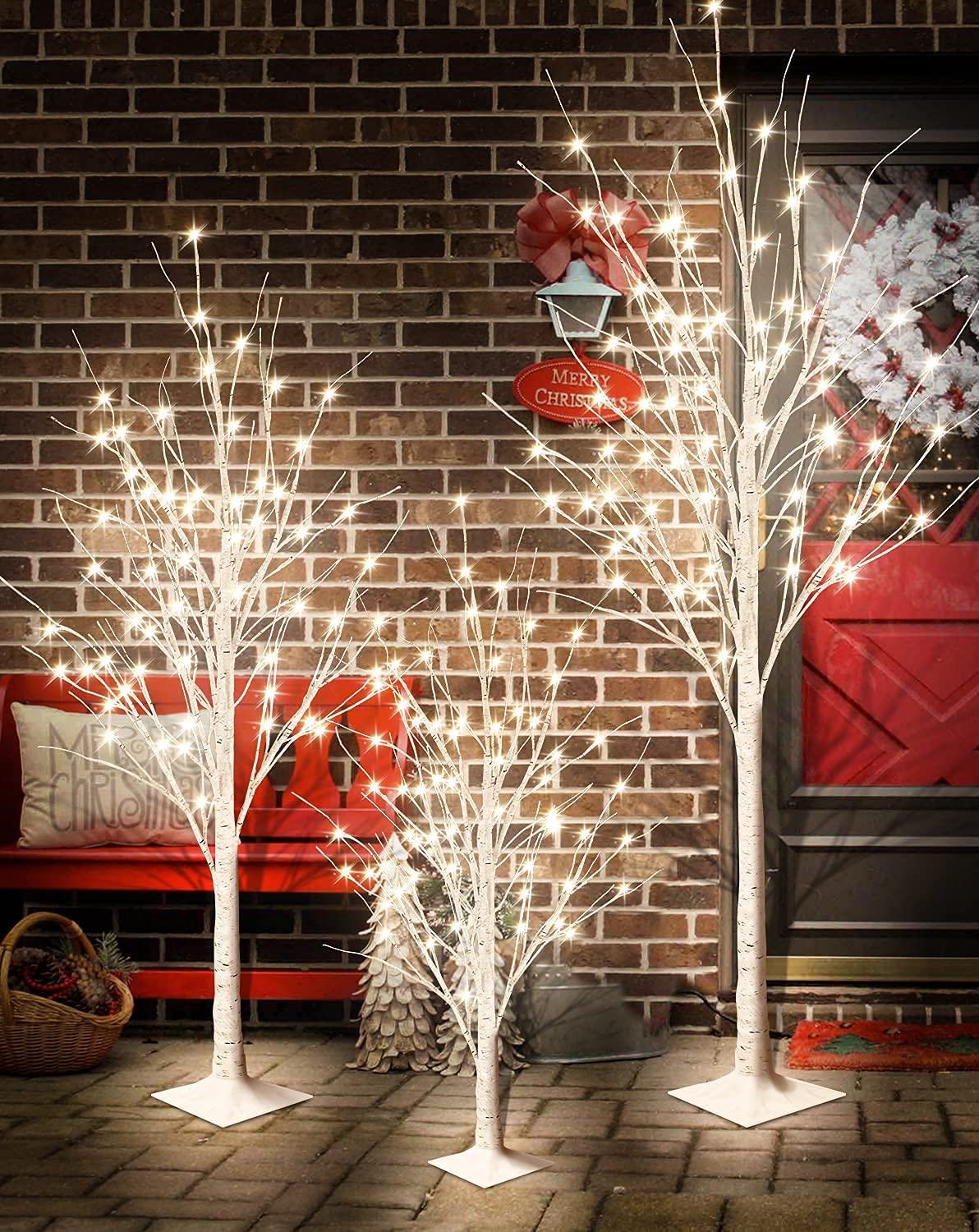 MIERES Lighted Birch Tree - Pack of 3 Prelit Christmas Trees (4ft, 5ft, 6ft) | Indoor/Outdoor LED Holiday Decor for Porch, Home, Wedding & Parties | Warm White Lights for Christmas, Easter, Summer Festivals & Seasonal Celebrations
